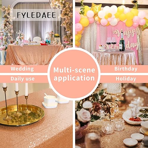 Miniatura 2 de Manteles rectangulares de lentejuelas color oro rosa de 60 x 120 pulgadas para fiestas, cubierta superpuesta brillante con purpurina ajustable de 6