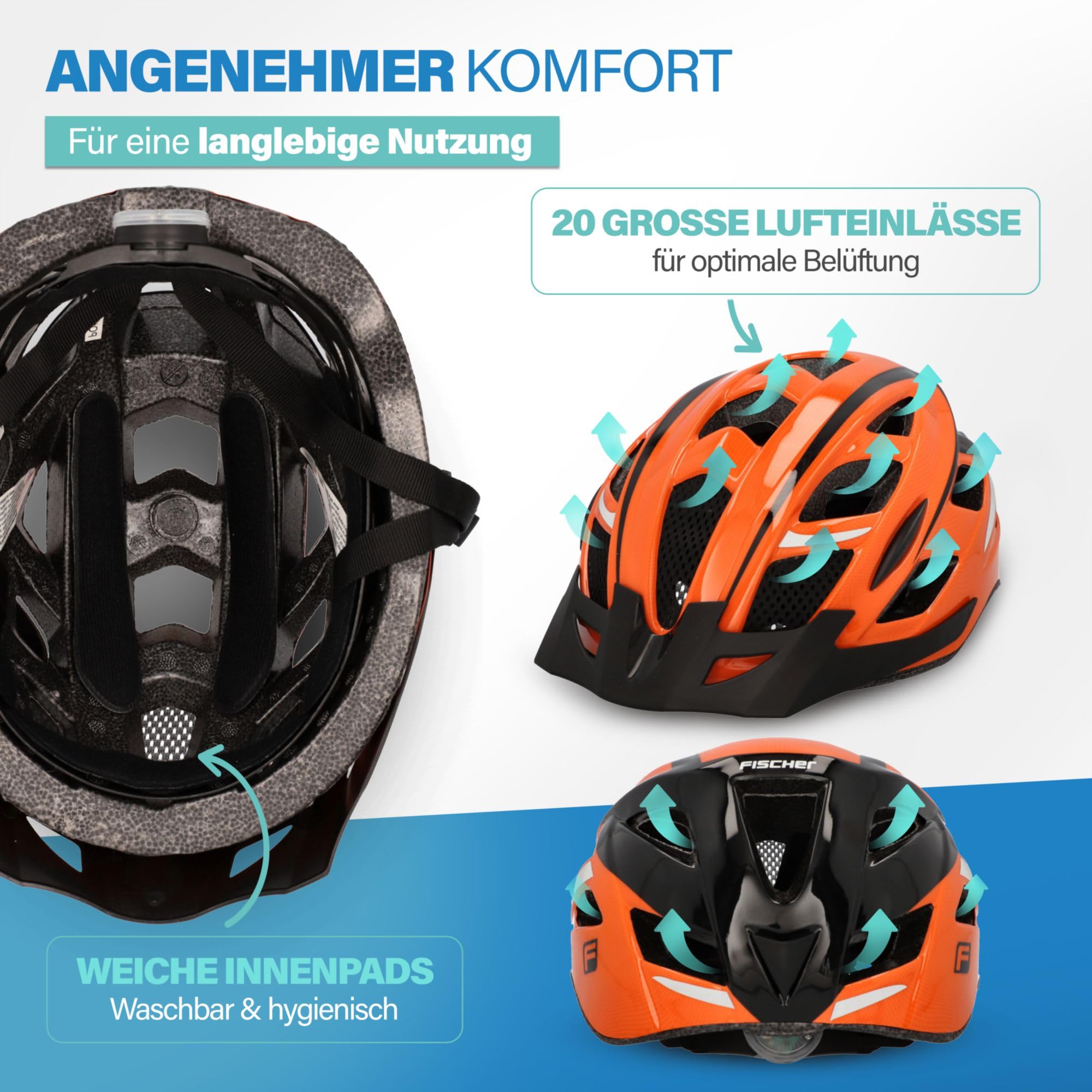 FISCHER Kask rowerowy dla dorosłych, kask rowerowy miejski, rozmiar S/M, 52-59 cm, pomarańczowy, z podświetlanym systemem pierścienia wewnętrznego