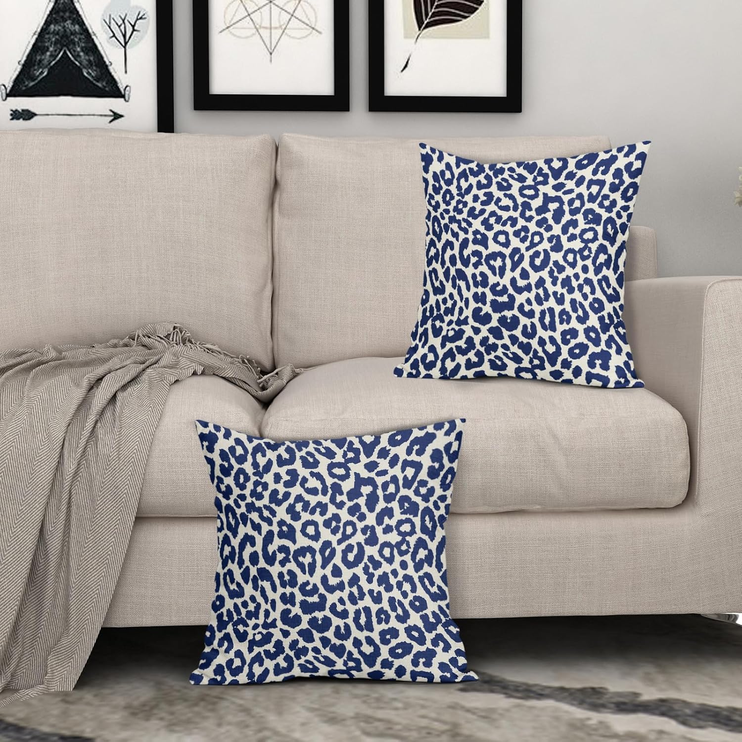 Navy Blue Leopard Print Pillow Covers 24x24 Set of 2 Cheetah Animal Pattern Chinoiserie Decorative Throw Pillows Outdoor Pillowcase Farmhouse Linen Cushion Case Decor for Sofa Couch Bed