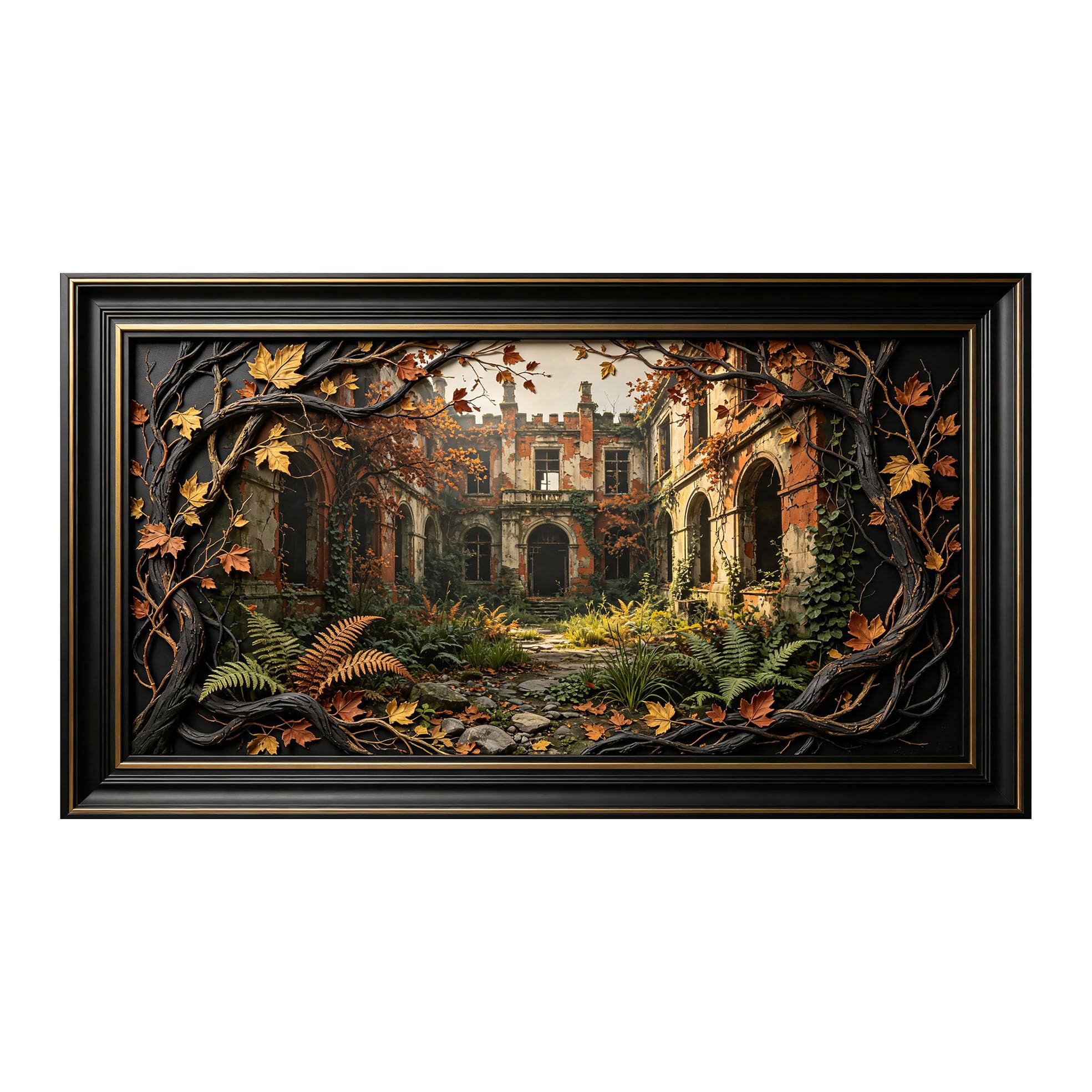 Murasolite 3D Framed Wall Art Autumn Ruins Courtyard Botanical Landscape Oil Painting SelfAdhesive Fabric Mural Wall Decor,No Damage to Wall,AntiFall Safe Design for Bedroom Living Room
