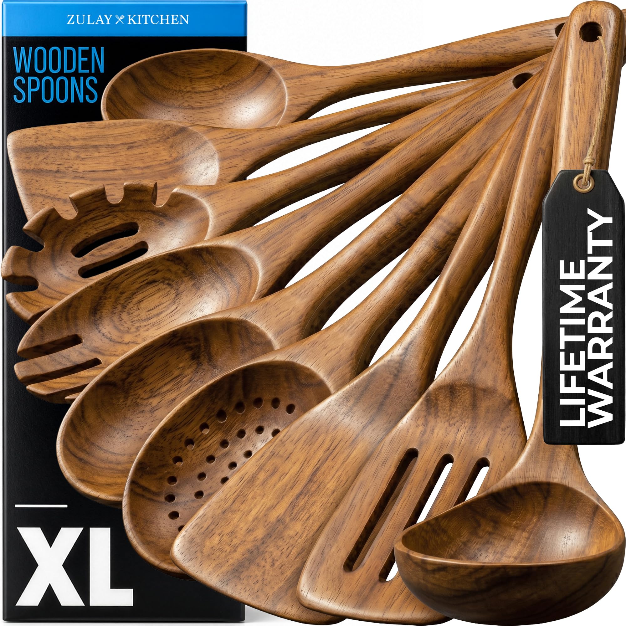 Zulay Kitchen Set di 9 utensili in legno di teak per cucinare, finitura liscia, cucchiai in legno antiaderente per cucinare, set regalo da cucina, set di utensili in legno con impugnatura comoda