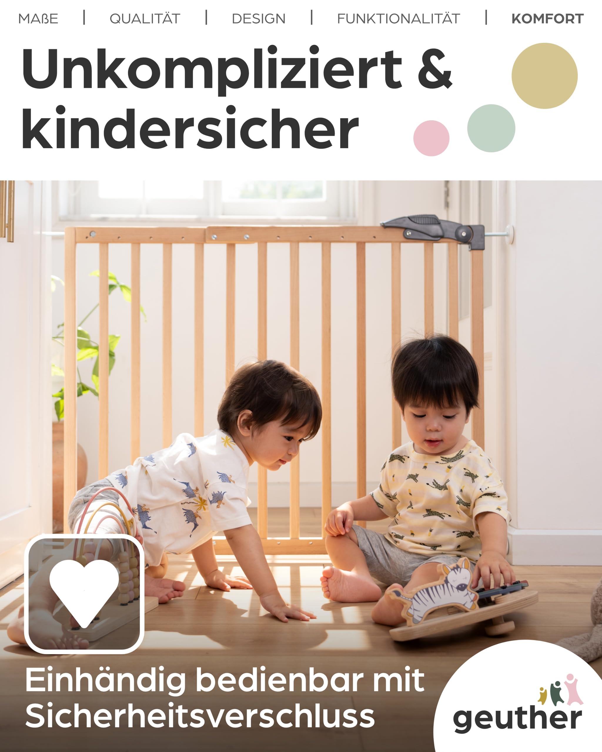 Geuther Treppenschutzgitter ohne Bohren, 68‑102 cm | Flexibles & klemmbares Kinderschutzgitter I Türgitter Baby aus Holz, massiv I Türschutzgitter ohne Bohren mit Sicherheitsverschluss I Farbe Weiß