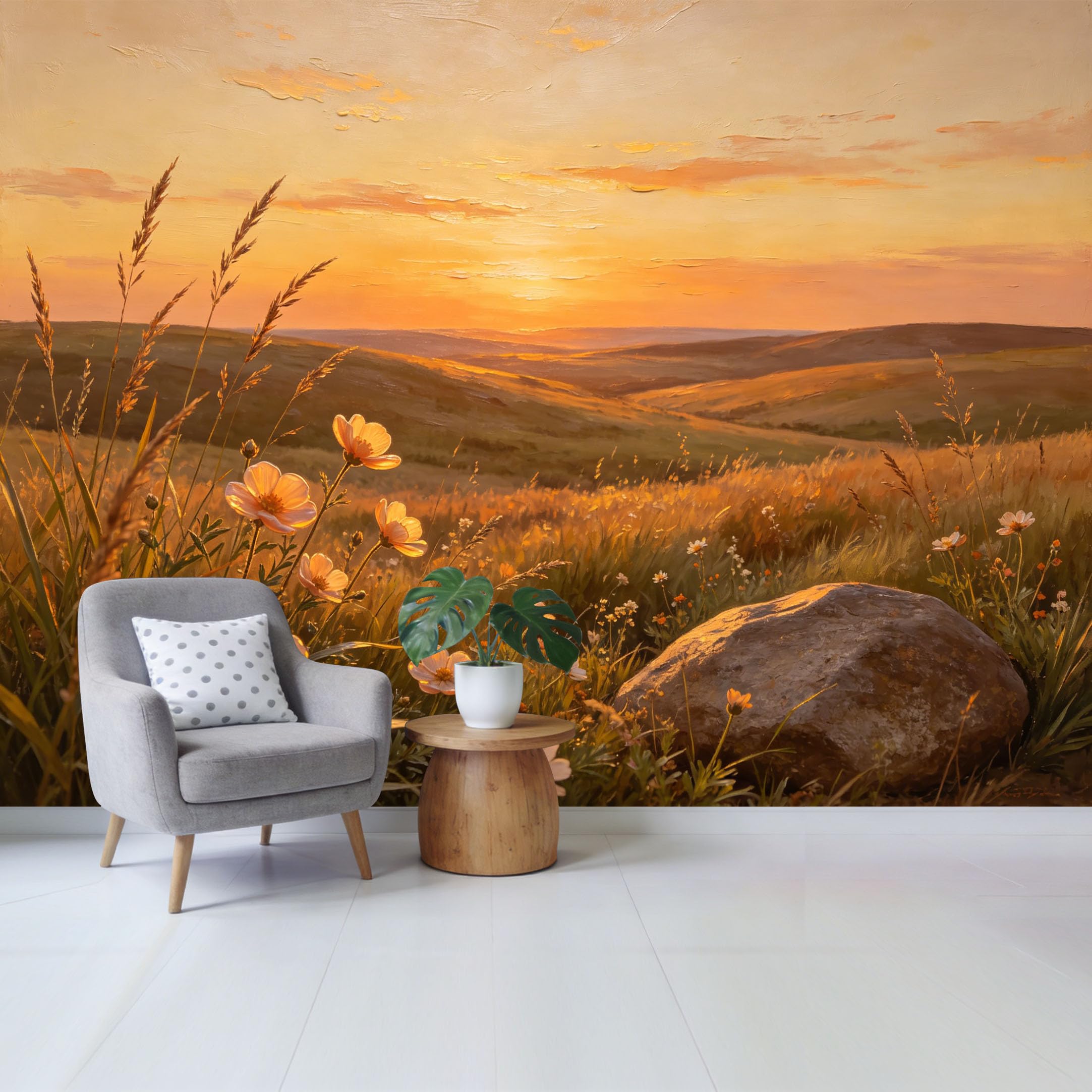 Qzlithotic Yq2605251101 Custom Size Wall Mural Golden Sunset Rolling Hills Wildflower Field Oil Painting Style Selfadhesive Wall Fabric Removable Wallpaper For Home Office Decor