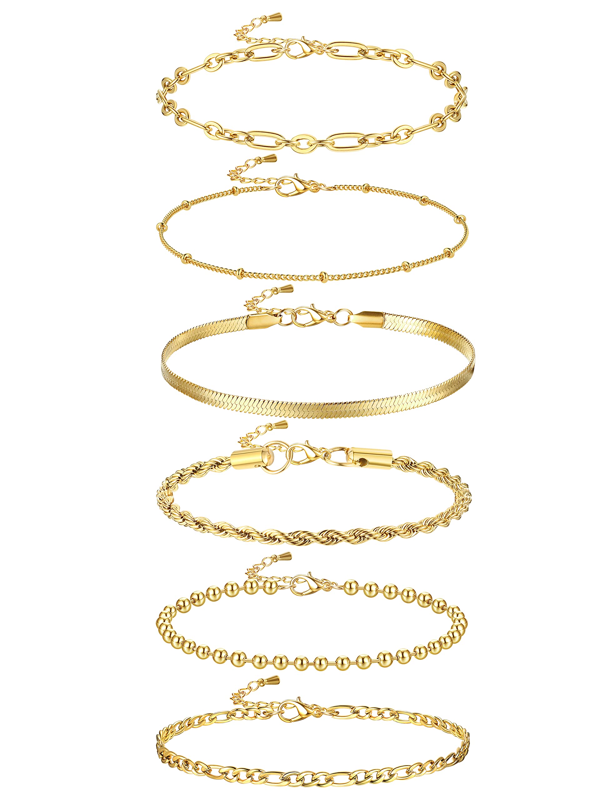 MILACOLATOJuego De 6 Pulseras De Cadena Para Mujer Ajustables, Chapadas En Oro De 18 Quilates Delicadas De Acero Inoxidable Cadena Figaro En Espiga Pulsera De Eslabones De Circonita Cúbica