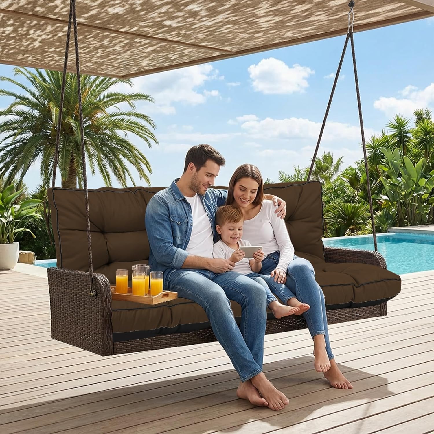 Waterproof Porch Swing Cushion Replacement, Thick 4" 2–3 Seat Outdoor Swing Seat Cushion with Backrest & Ties for Patio, Garden & Porch (Brown, 40 x 55 in)