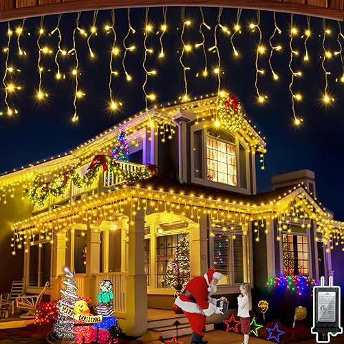 Miniatura 15 de 670 luces LED de Navidad de 66 pies con 148 gotas, 12 modos de iluminación, decoración navideña azul y blanca, luces parpadeantes regulables, Blanco