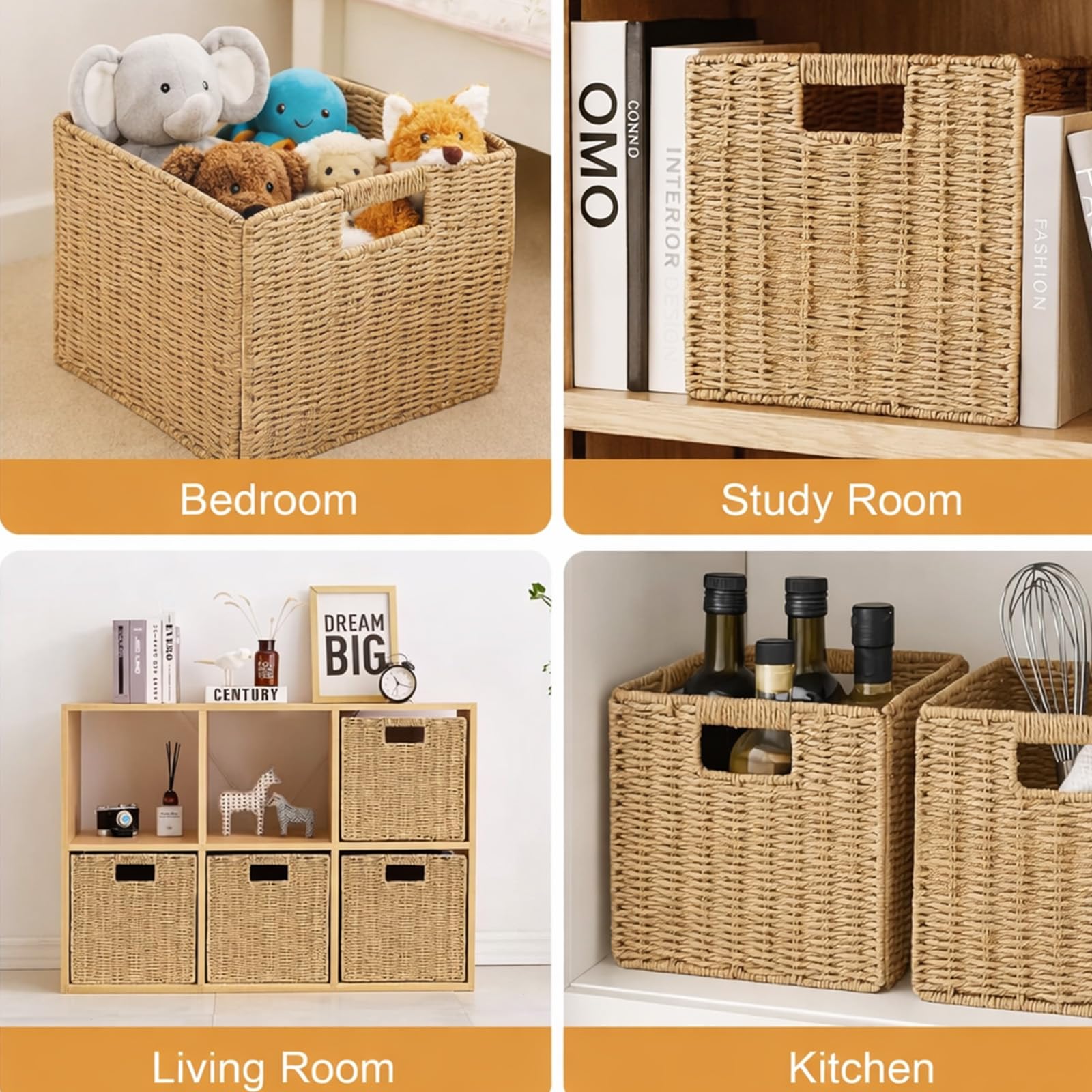 Aufbewahrungskorb Geflochten aus Rattan 31 * 31 * 31cm(4er) Große Faltbare Körbe mit Griffen & Metallrahmen, – Passend für Kallax Einsatz & Würfelregale, Regalkorb für Wohnzimmer & Schlafzimmer