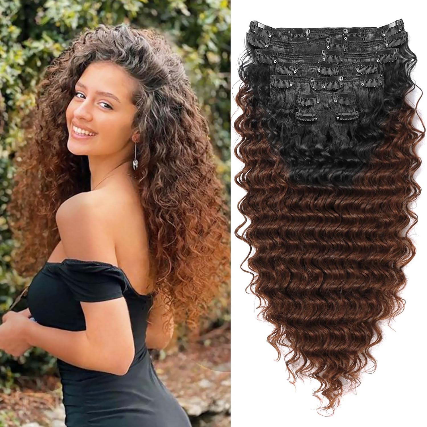 MEEPO Natural Black to Brown Curly Clip In Hair Extension For Black Women Double Weft Hairpiece Synthetic Thick Hair Extension Clips Natural Looking Long 24 inch Deep Wave (T1B/30（Pack of 7）)