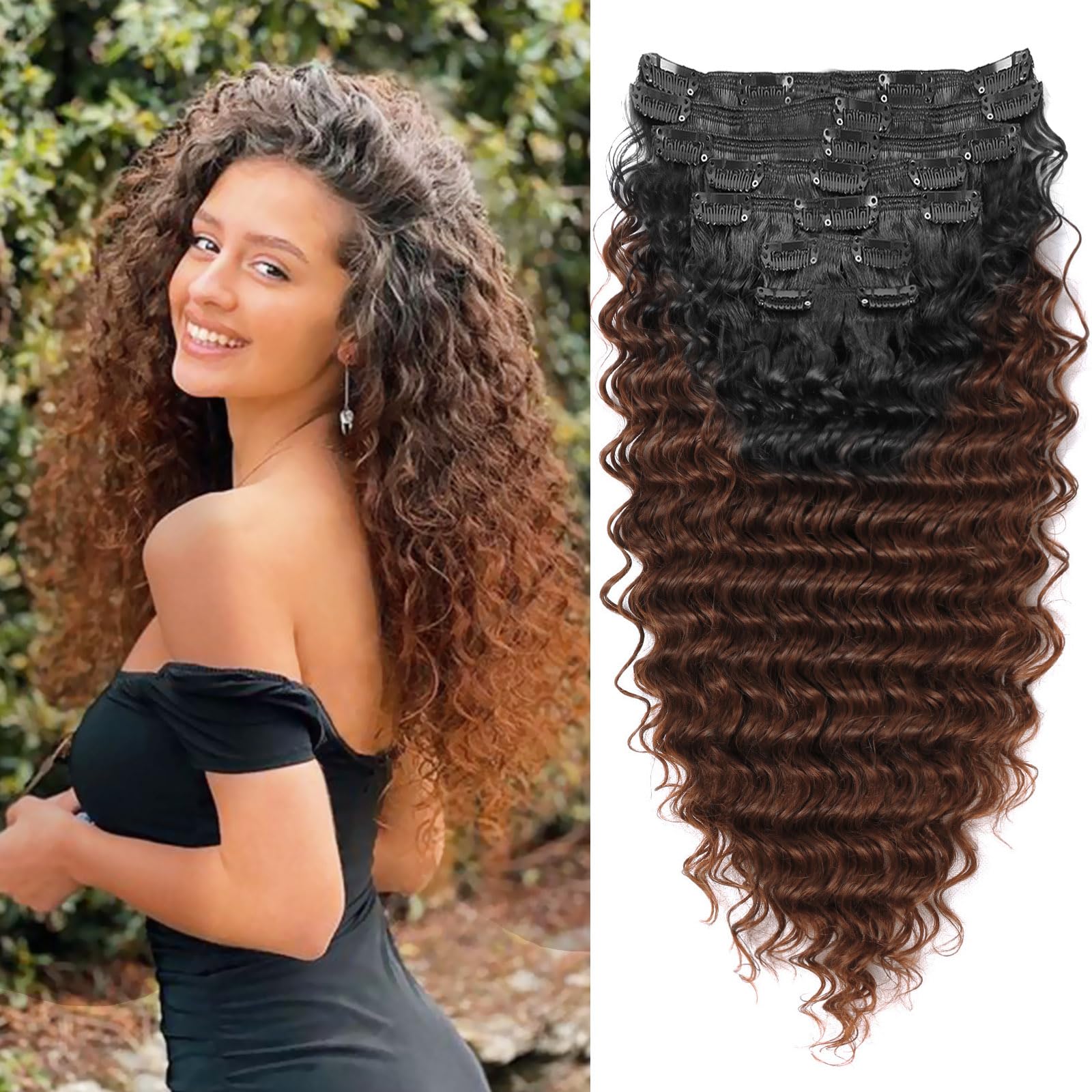 MeepoNatural Black to Brown Curly Clip In Hair Extension For Black Women Double Weft Hairpiece Synthetic Thick Hair Extension Clips Natural Looking Long 24 inch Deep Wave (T1B/30（Pack of 7）)