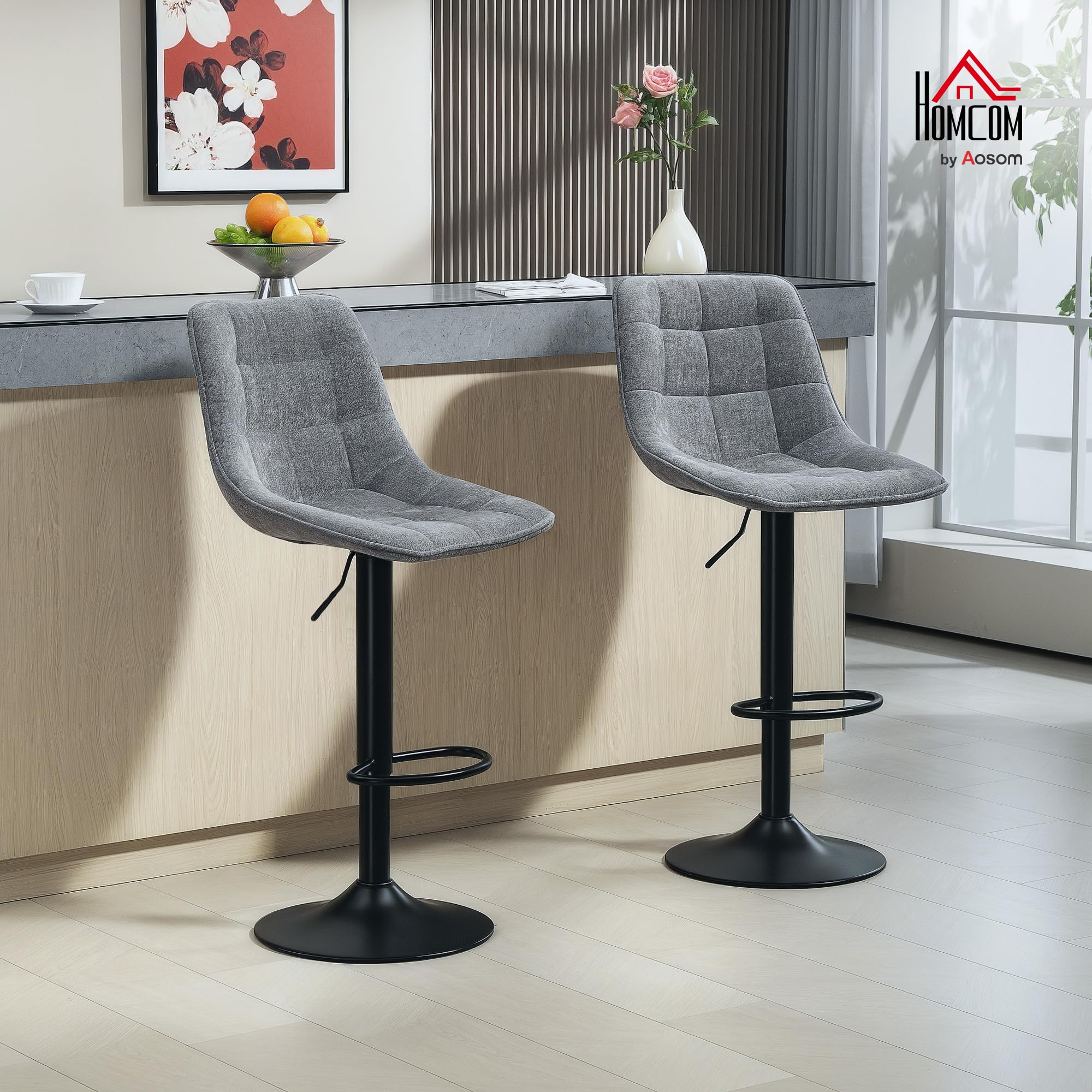 HOMCOM Barhocker 2er-Set, Gepolstert Barstuhl mit Lehne, Stahlgestell, Chenille-Optik, Höhenverstellbare Küchenstühle mit Fußstütze 360° Drehbar Tresenhocker für Küche, Wohnzimmer Dunkelgrau