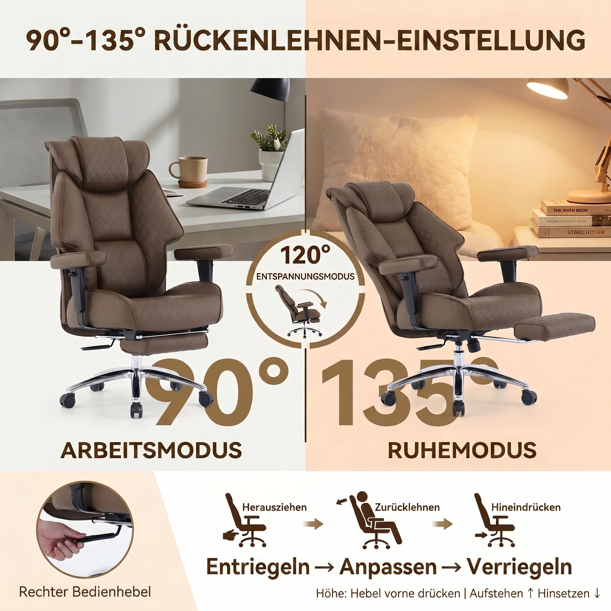 EXCEBET Silla de Oficina Dirección XXL 180kg, Silla de Escritorio Ergonómica con Muelles Ensacados, Asiento Ancho para Sentarse en Cruz, Reclinable 135°, Cuero PU（Marrón）