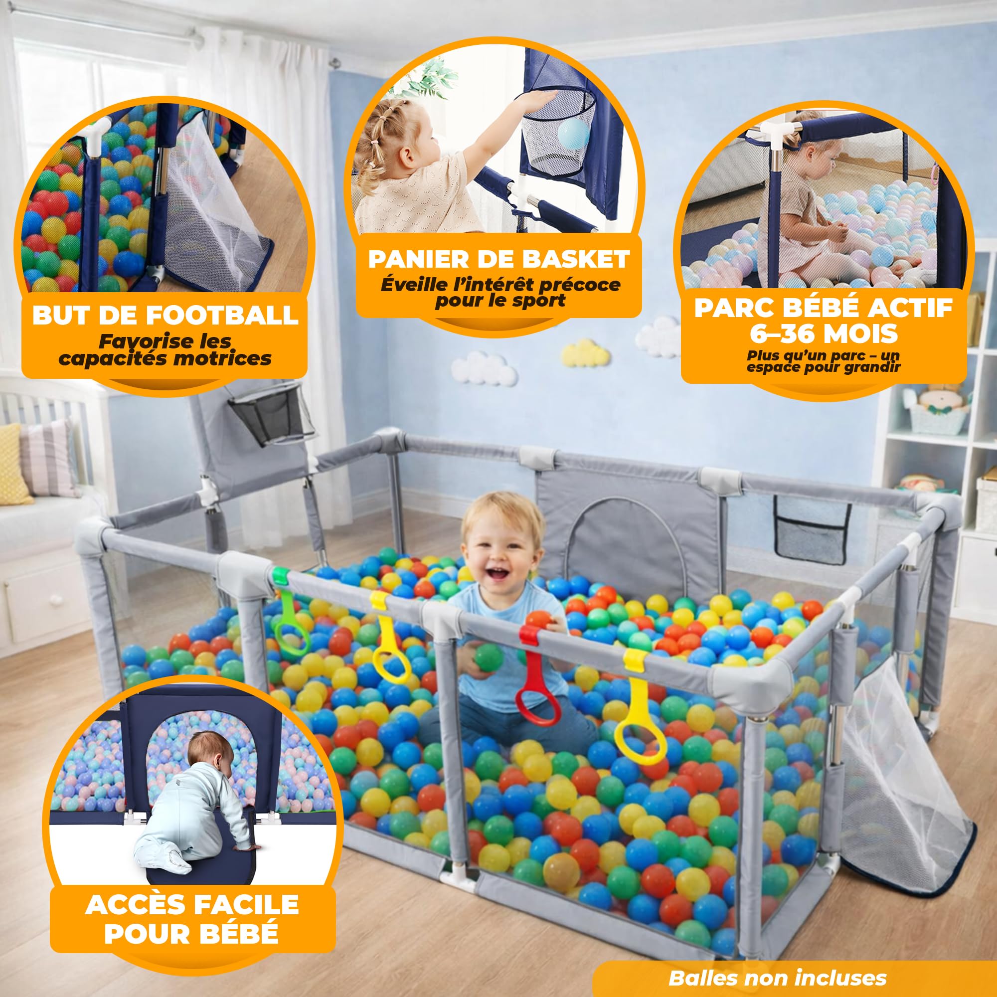 Parc bébé XXL 180x122 cm avec panier de basket et but de football – Aire de jeu sécurisée pour bébé et enfant – Filet respirant, anneaux de motricité et structure stable – Gubby Gups