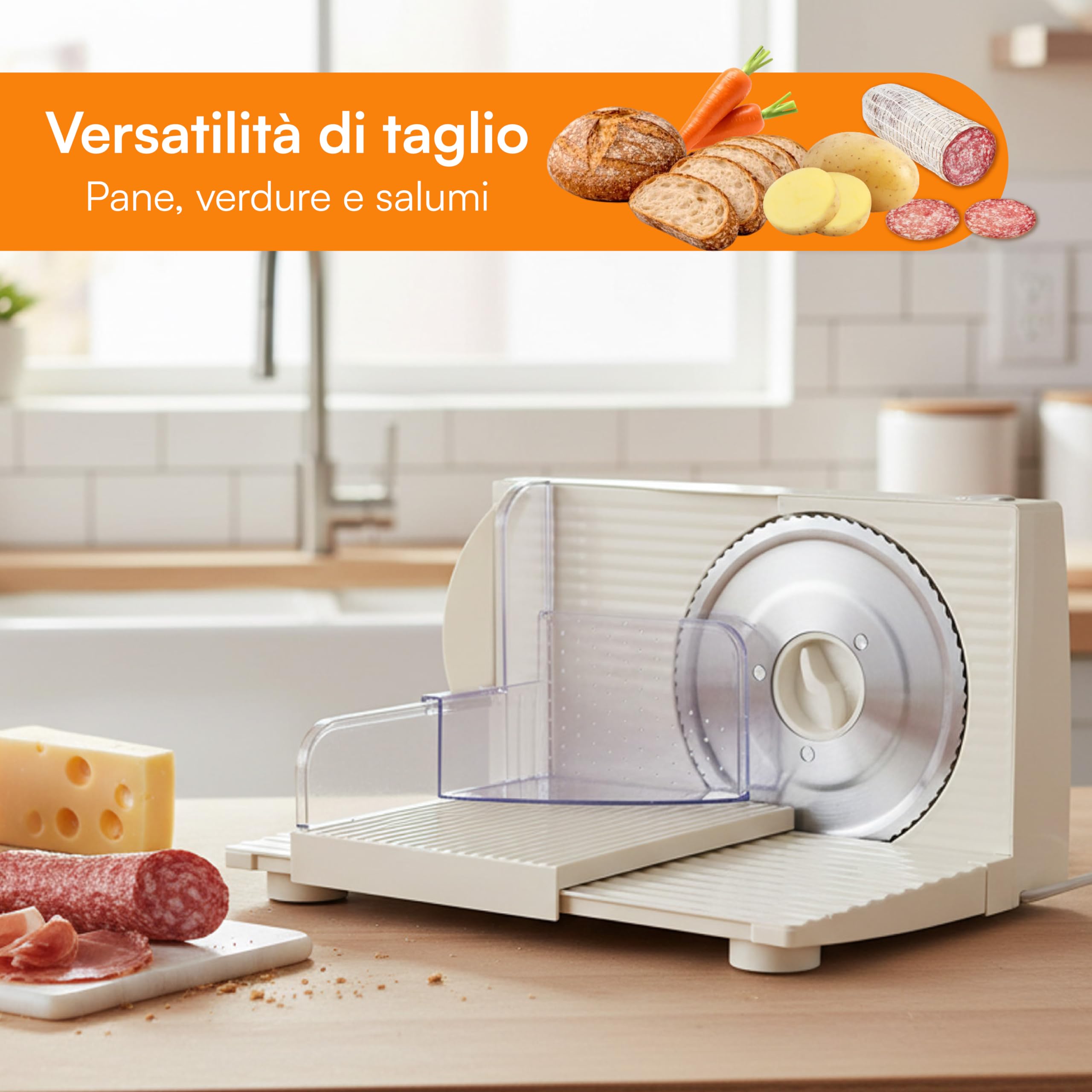 Baroni Home Affettatrice Elettrica Pieghevole con Lama Seghettata Removibile, Spessore Regolabile 0-15 mm, Ventose Antiscivolo, Compatta Richiudibile, per Salumi, Pane, Carne e Verdure
