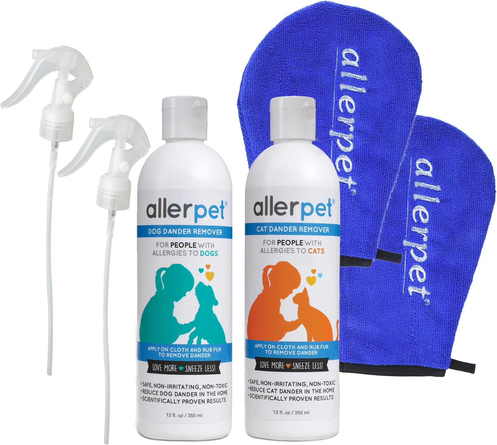 Allerpet 2-Pack Dog & Cat - Best Allergy Relief & Pet Dander Remover - Ditch Your Allergy Shampoo - 100% Non-Toxic & Safe for Pets, Good for Fur & Skin + Bonus Applicator Mitts & Sprayers