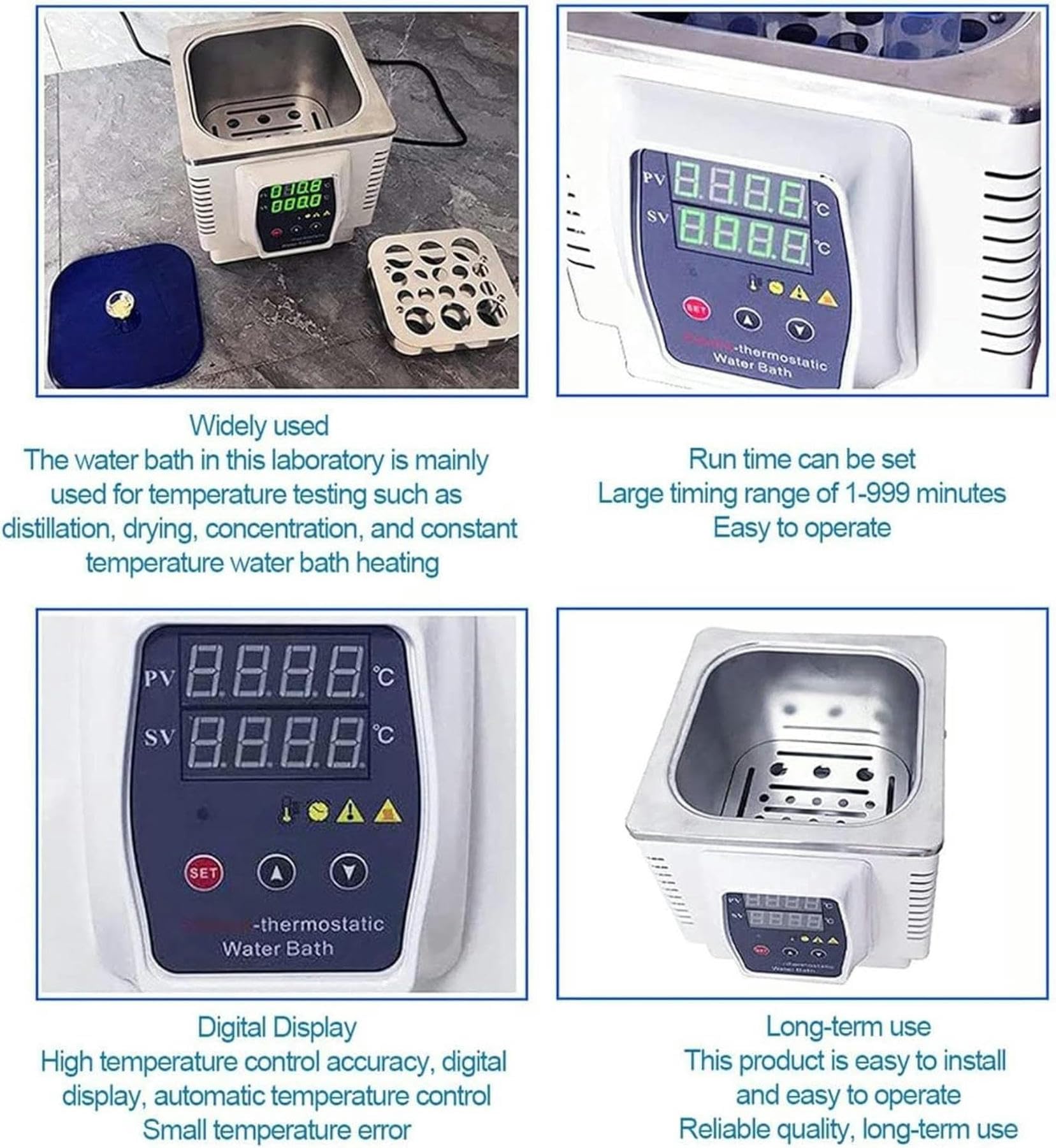 Baño María termostático Digital de Laboratorio, 3 L, 350 W, con Calentamiento eléctrico, Temperatura Ambiente de 5 a 100 °C, incrementos de 0,1 °C, Temporizador de 1 a 999 Minutos.