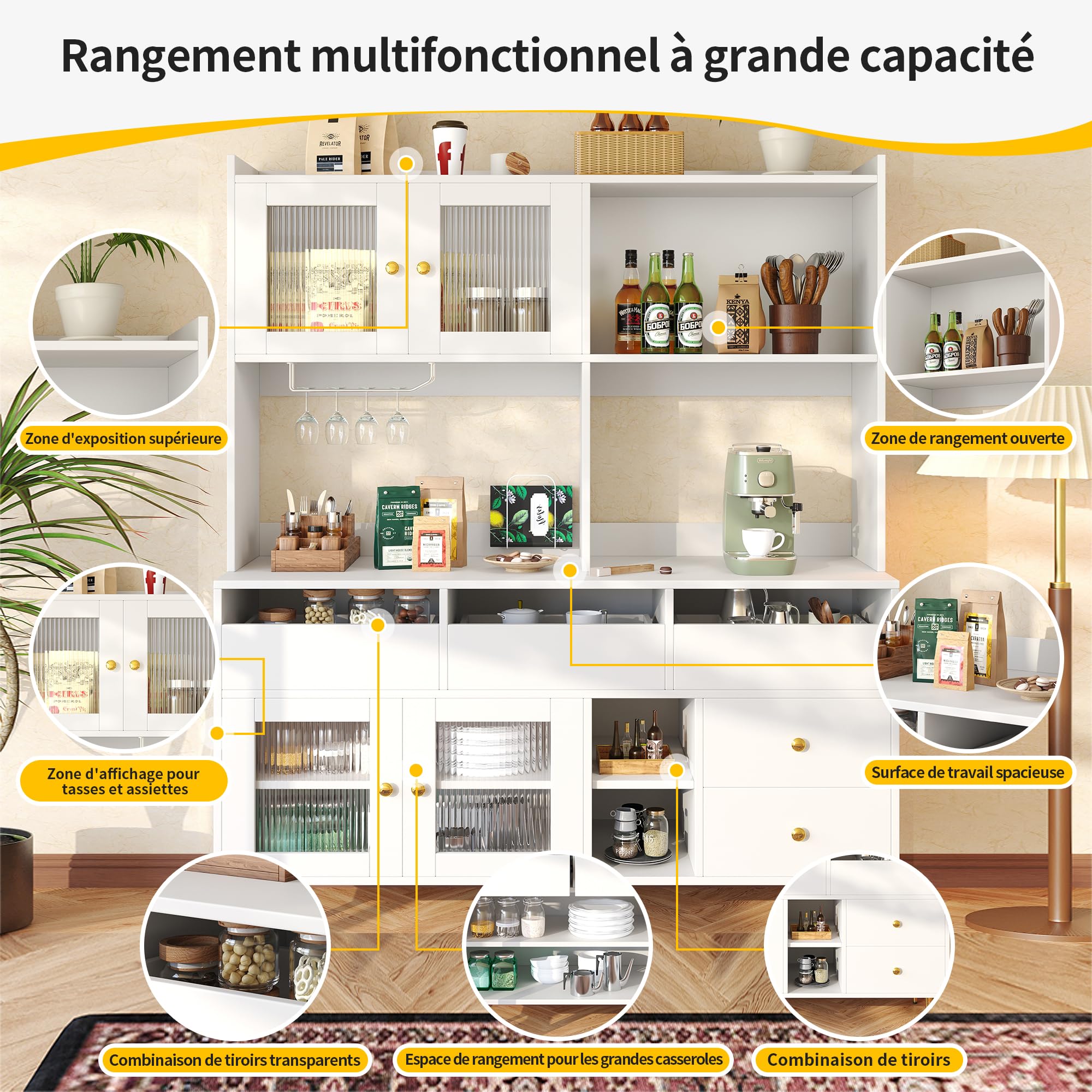 Credenza Cucina Stoccaggio 145 x 171 cm, Stoviglie Armadio da Cucina Alto Mobile da Cucina Stile Bianco con ante in Vetro Striato, Cantina per Vino, Mensola regolabile, ideale per Sala da