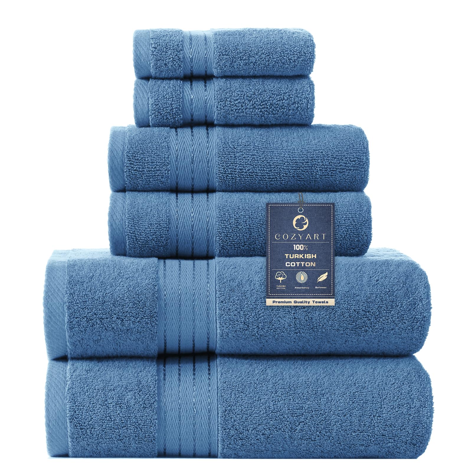 COZYART Denim Blue Bath Towel Set, Turkish Cotton Hotel Large Towel Bulk for Bathroom, Thick Bathroom Sets of 6 with 2 Bath Towels, 2 Hand Towels, 2