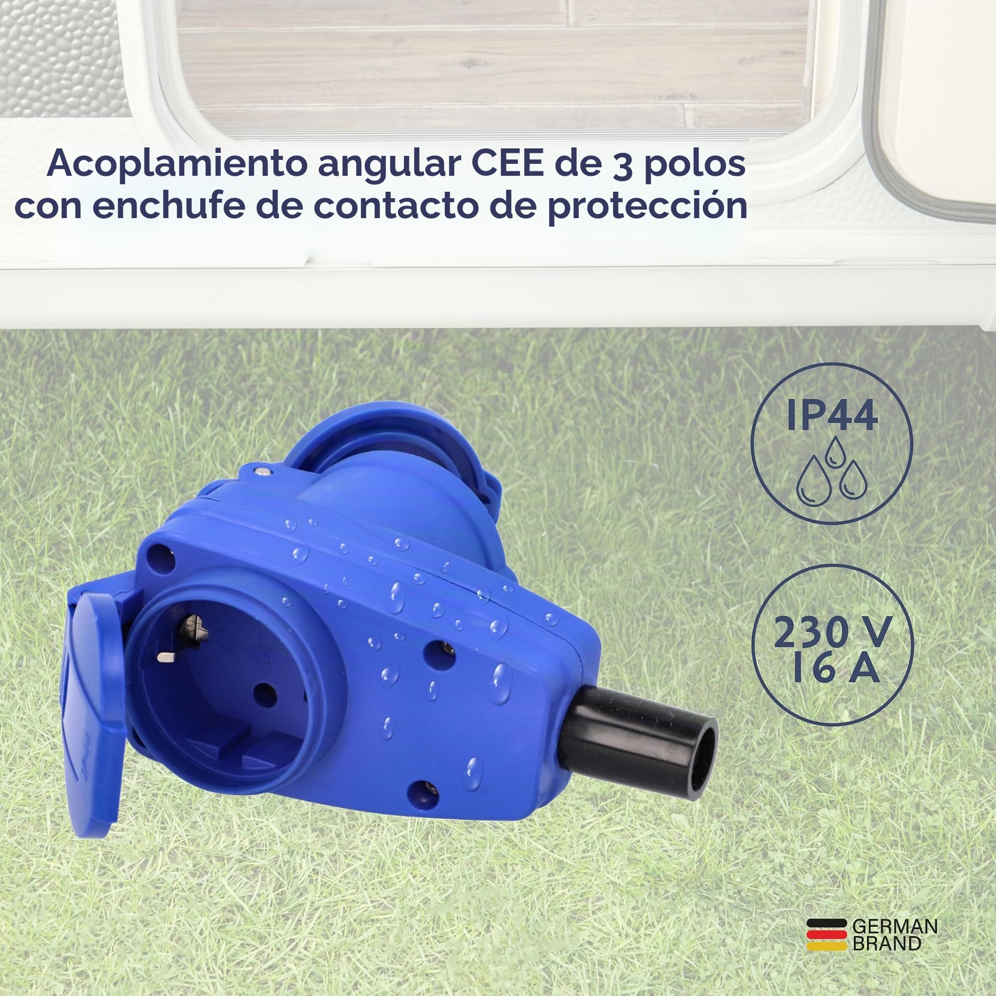 cartrend Explorer CEE - Acoplamiento Angular de 3 Polos y Toma de Corriente con Contacto de protección con Tapa abatible, para Camping, caravanas, autocaravanas, protección contra la Humedad, IP44