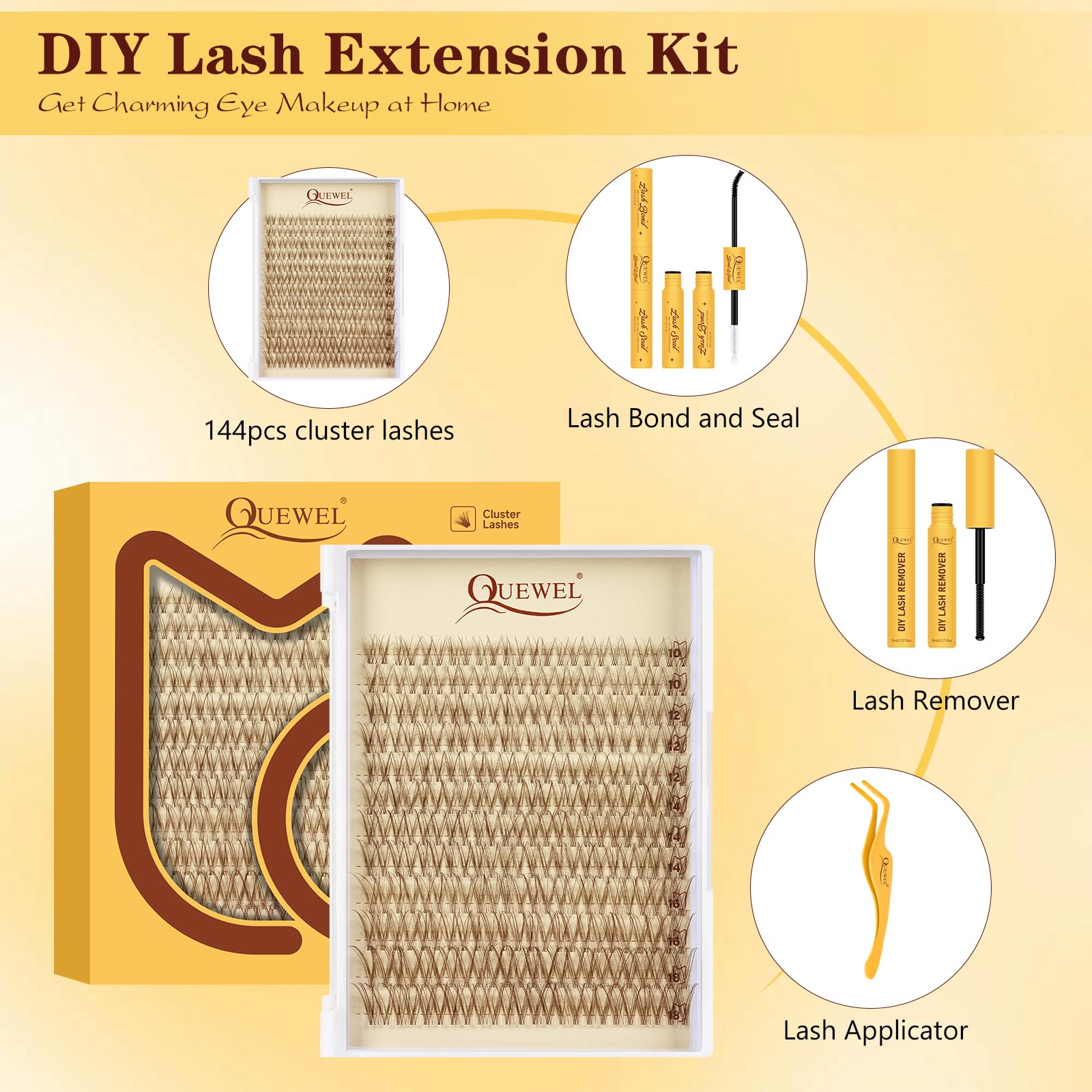 QUEWEL Fairy-Lash-Clusters Kit Cute Style, 144pcs Manga-Lash-Clusters Kit Mix10-18mm Wispy Natural Invisible Band Eyelash Clusters Kit for DIY Cluster Eyelash Extensions(Fairy 4 Set): Lash Kit-Brown Feather 4 Set