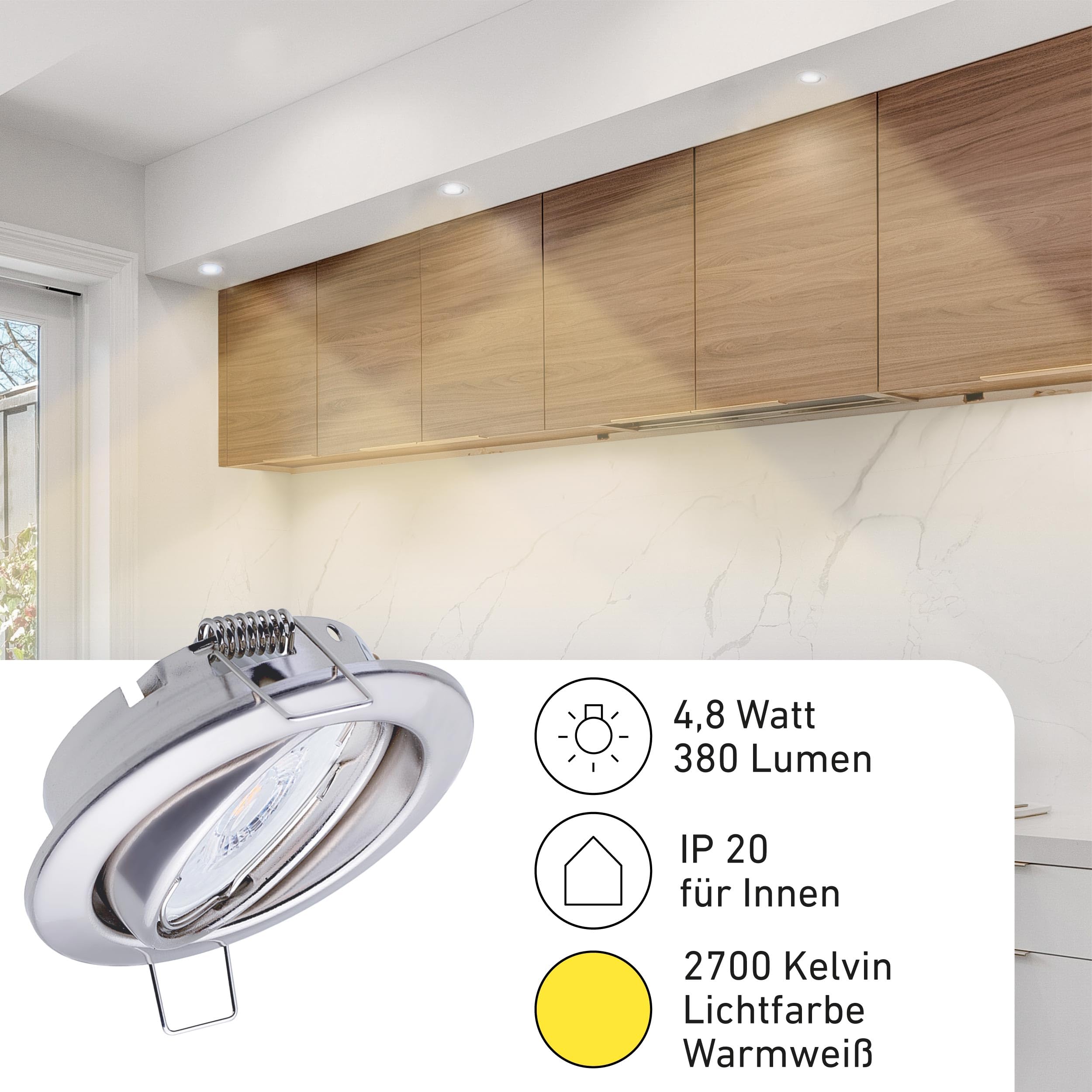 Oktaplex 6er Set Dijon LED Deckenspots 230V 3-Step dimmbar schwenkbar flach | 22mm Einbautiefe, Warmweiß 2700K, Lochmaß 68mm, 4,8W, 380lm, 110°, Einbaustrahler Chrom, rund