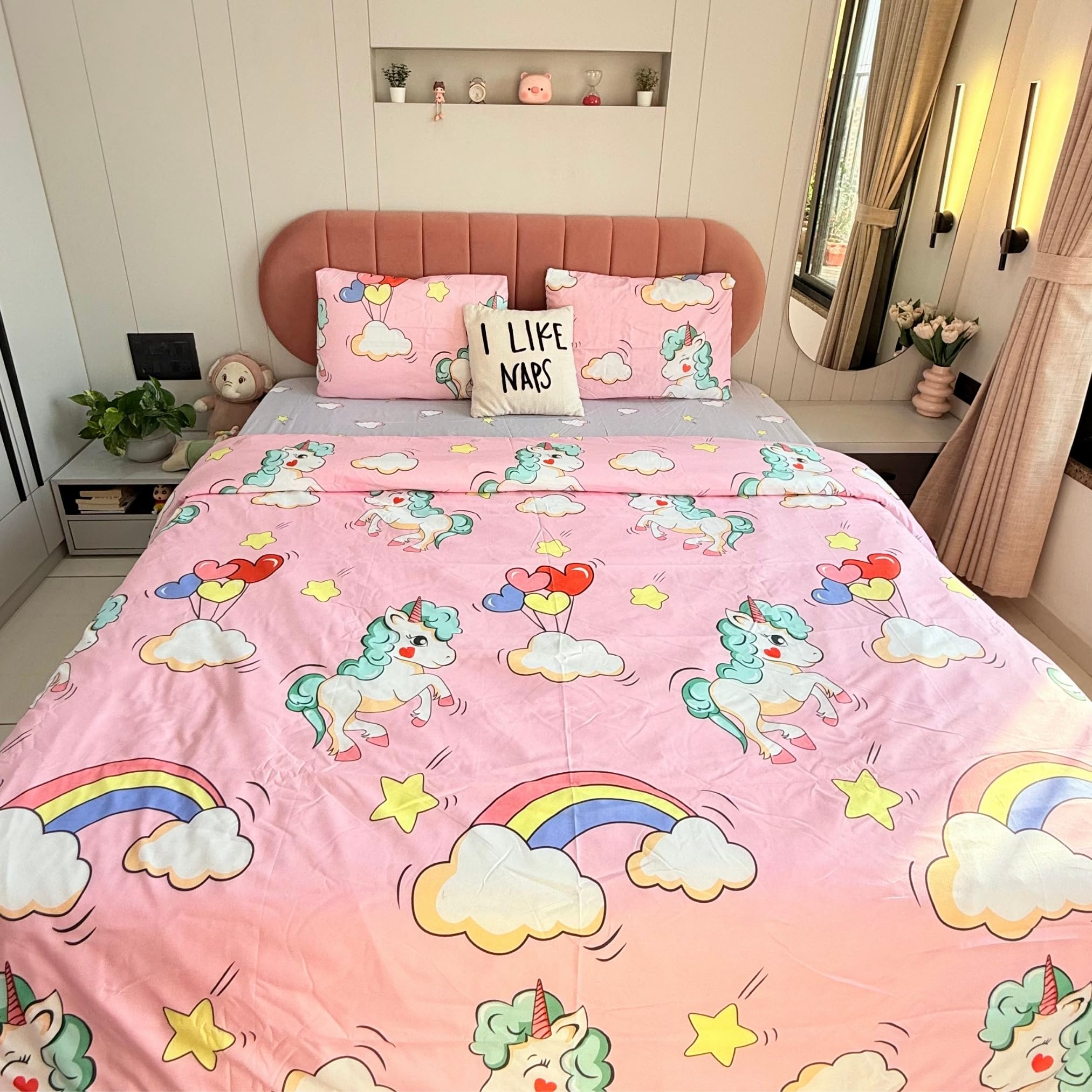Famyo® King-Size Bedding Set (4pc) – 250 TC Fitted Bedsheet 72x78 in, 2 Pillow Covers, Comforter Cover (Unicorn & Rainbow, Pink & Grey) 4