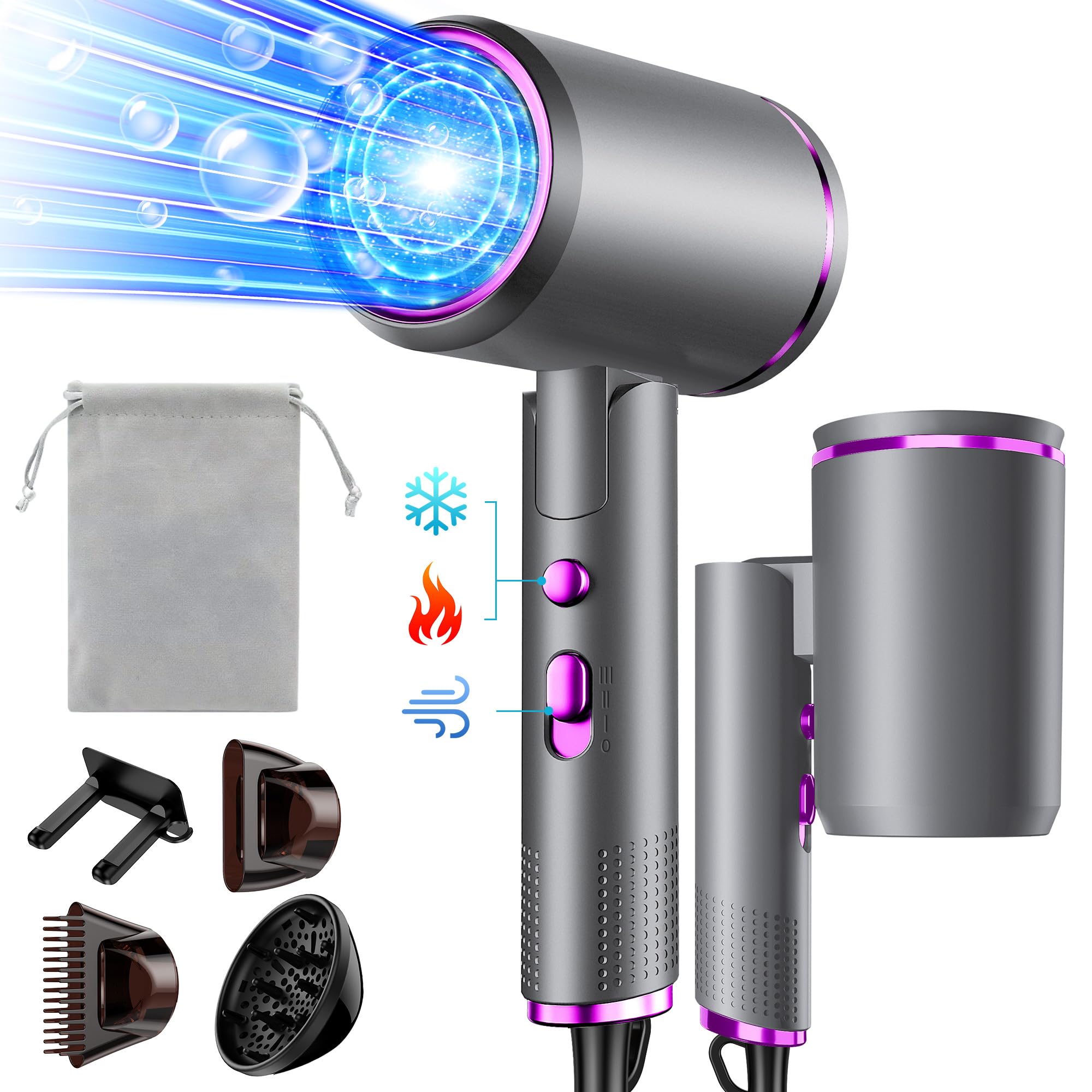 Vbrisi Föhn,Fön,2400W Klappbar Ionen Haartrockner, Schnelltrocknen Hair Dryer, Profi Reisefön mit Heiß-/Kalttaste, 3 Heiz,AC Motor Salon Haarföhn mit Diffusor & Aufbewahrungstasche (Gräulich violett)