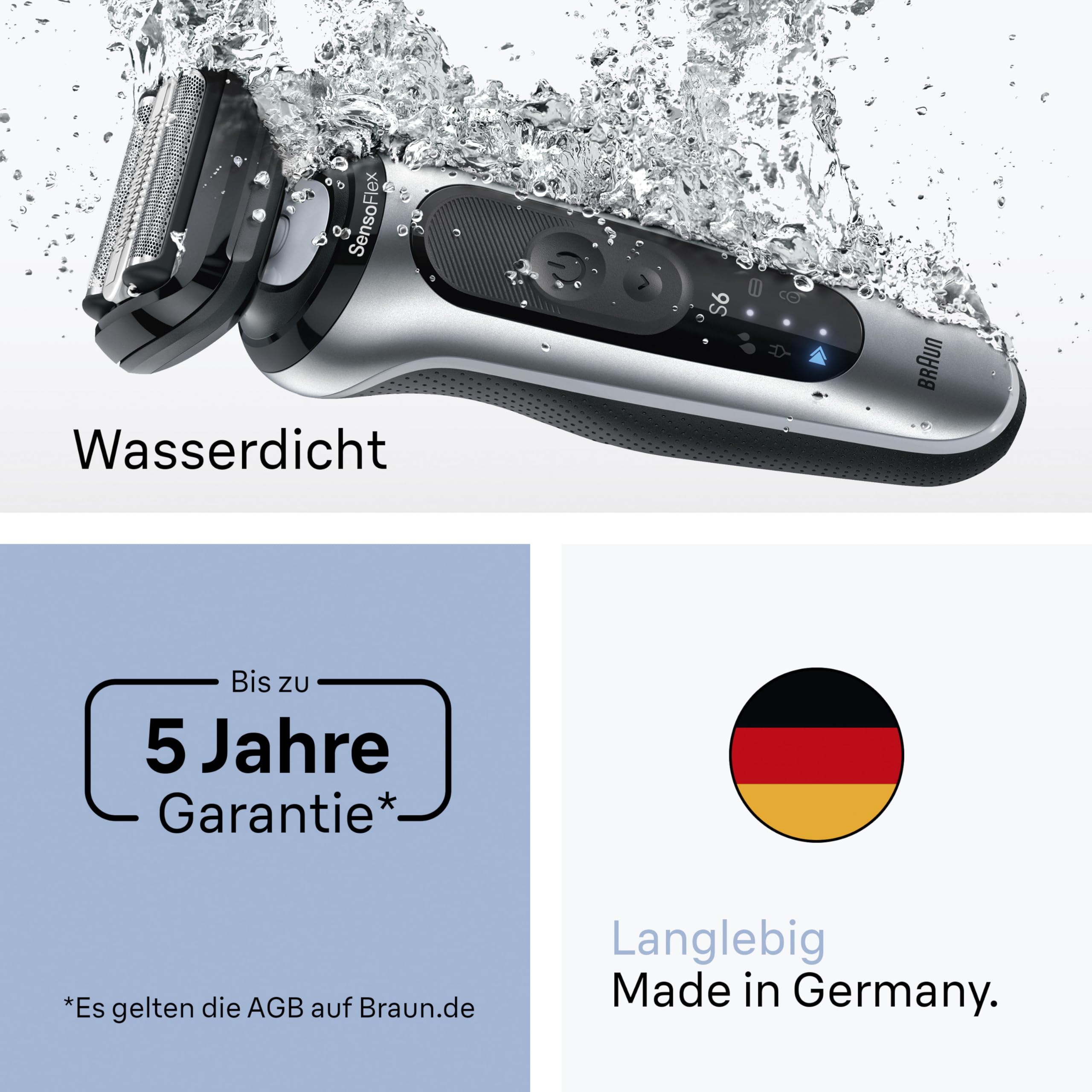 Braun Rasierer Herren Elektrisch Series 6, 62-S7650cc, Silber | Kabelloser Elektrorasierer, Barttrimmer, 60 Min. Akku, Wasserdicht, Made in Germany, Inkl. Pflegesystem Und 2 Aufsatze