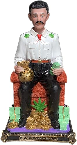 Jesus Malverde - Figura religiosa sentada de México, 10 pulgadas de alto (poliresina)