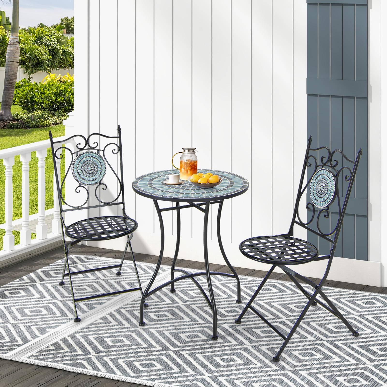GIANTEX Mesa de Mosaico para Exterior, Mesa Redonda de Patio de Metal Resistente con Atractivo Patrón de Mosaico, Patas Antideslizantes, Montaje Rápido, Mueble Decorativo para Interior y Exterior