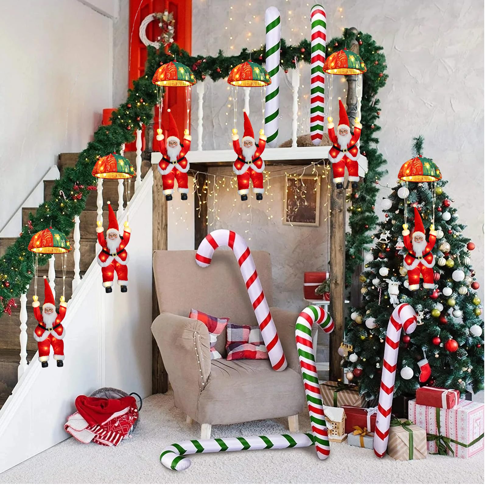 Auting Luces Navidad LED Paracaídas Papá Noel 8 Modos Temporizador | Función memoria para conservar ajustes, perfecta como decoración colgante en ventanas e interiores