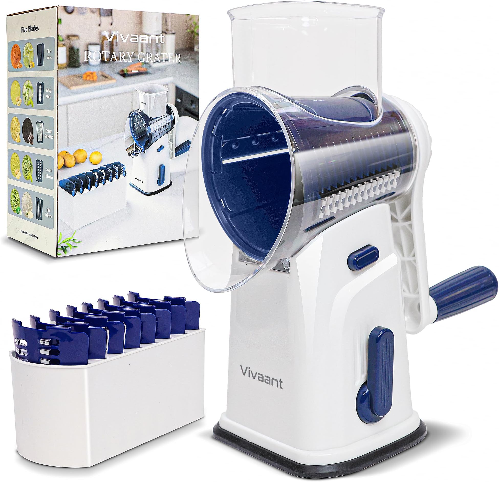 Rotary Cheese Grater with Handle, Cheese Shredder Hand Crank with Suction Base & 5 Interchangeable Blades, Multi-Functional Food Chopper for Vegetables, Nuts & Chocolate - Easy to Use & Clean