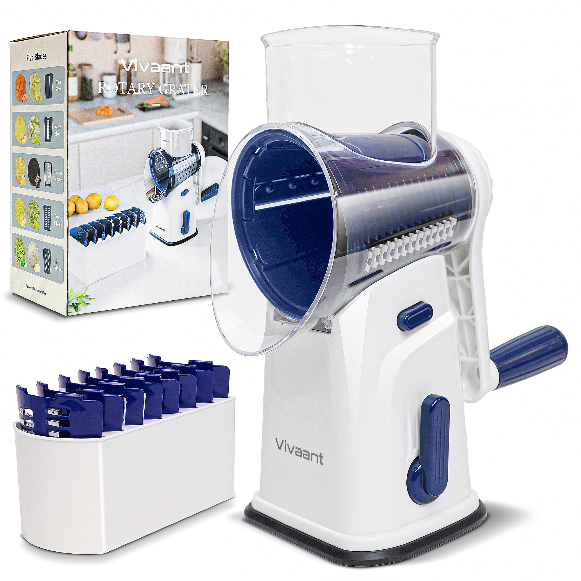 Rotary Cheese Grater with Handle, Cheese Shredder Hand Crank with Suction Base & 5 Interchangeable Blades, Multi-Functional Food Chopper for Vegetables, Nuts & Chocolate - Easy to Use & Clean