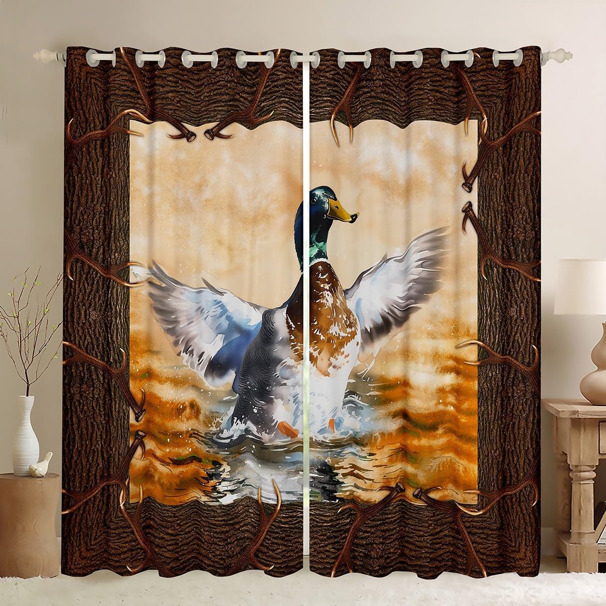 Erosebridal Hunting Theme Blackout Curtains,Deer Curtains & Drapes Elk Antler Curtains 84Wx84L Red Gun Print Window Drapes Black White Grey Stripe Window Treatments,Luxury Retro Hunter Bedroom Decor