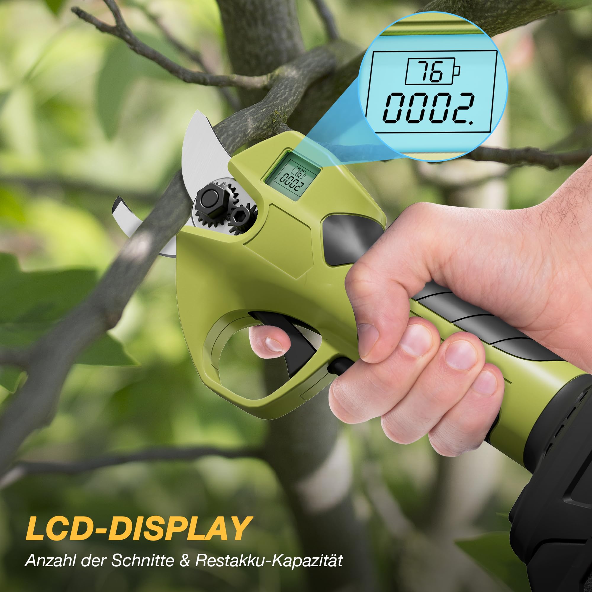 Akku Astschere Professionelle Elektrische Gartenschere mit LCD-Anzeige | Bürstenloser Motor | 2 x 2000mAh 21V Akkus | Max. 40mm Schnittdurchmesser | Sicherheitsschalter | Für Äste & Sträucher