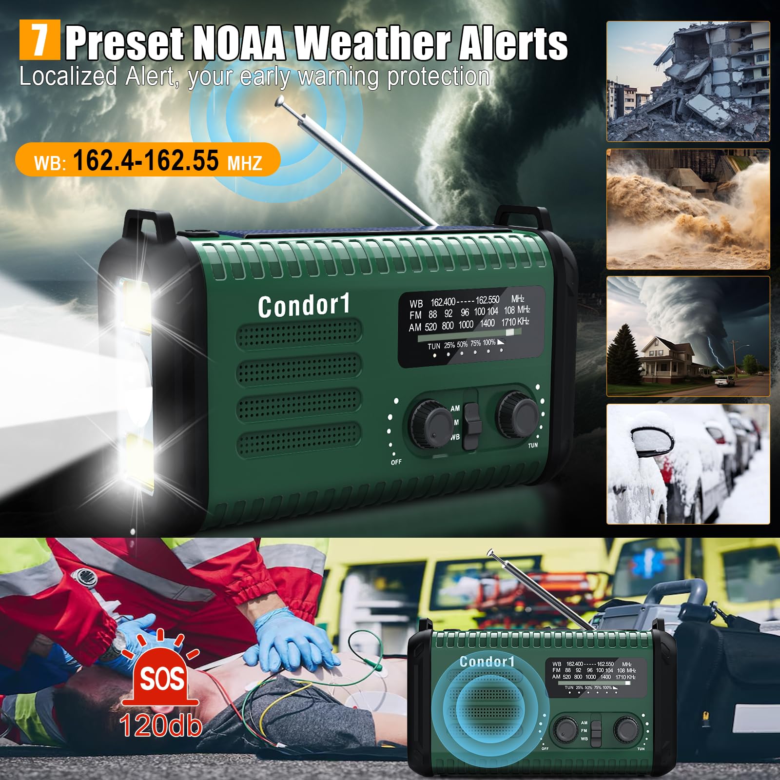 Radio meteorologica di emergenza, 20000 mAh, NOAA/AM/FM, radio a manovella con ricarica USB, alimentazione a batteria ricaricabile, allarme SOS, lampada da lettura a LED e torcia per emergenze, per