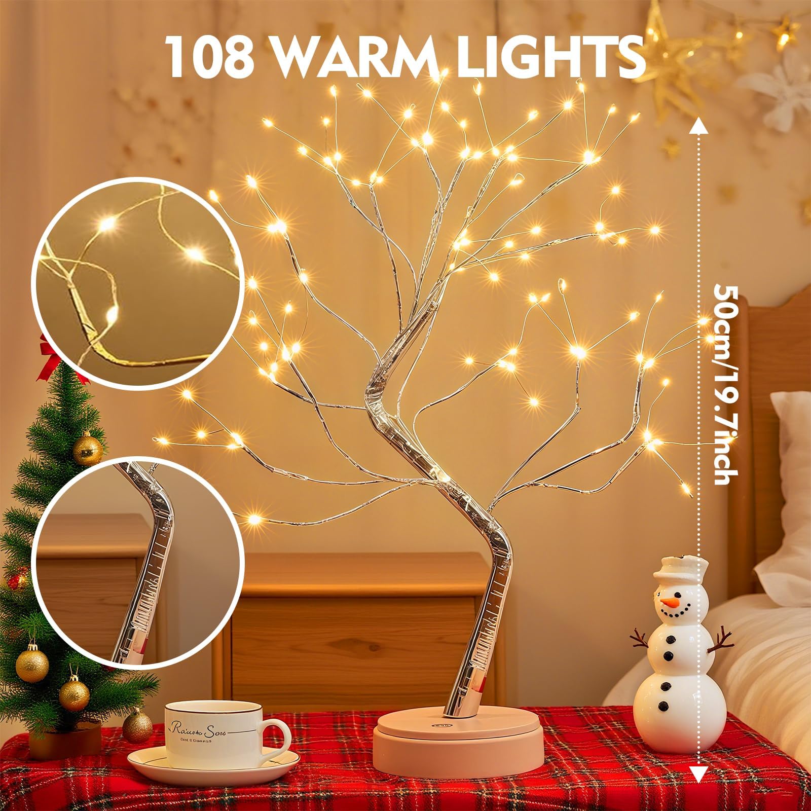 LED Lichterbaum mit 108 LEDs,8 Modi Dimmbar, USB/Batteriebetrieben,Warmweiß Baum Lampe mit Fernbedienung & Timer,Verstellbare Äste,Deko Lampe für Wohnzimmer Schlafzimmer Weihnachten