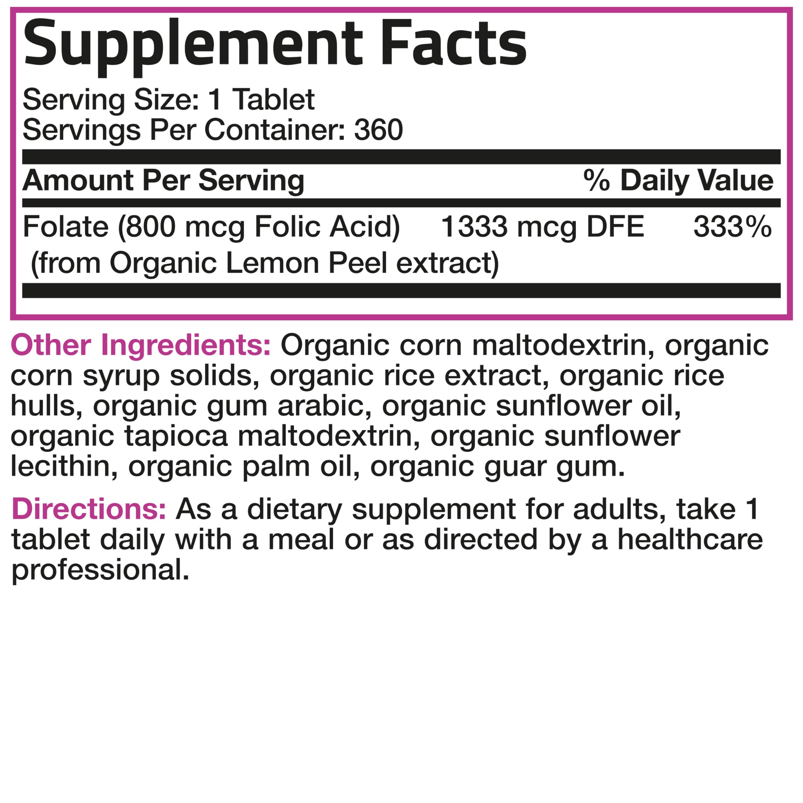 Bronson Folic Acid 800 mcg, USDA Certified Organic, 360 Tablets — Amazon image 6