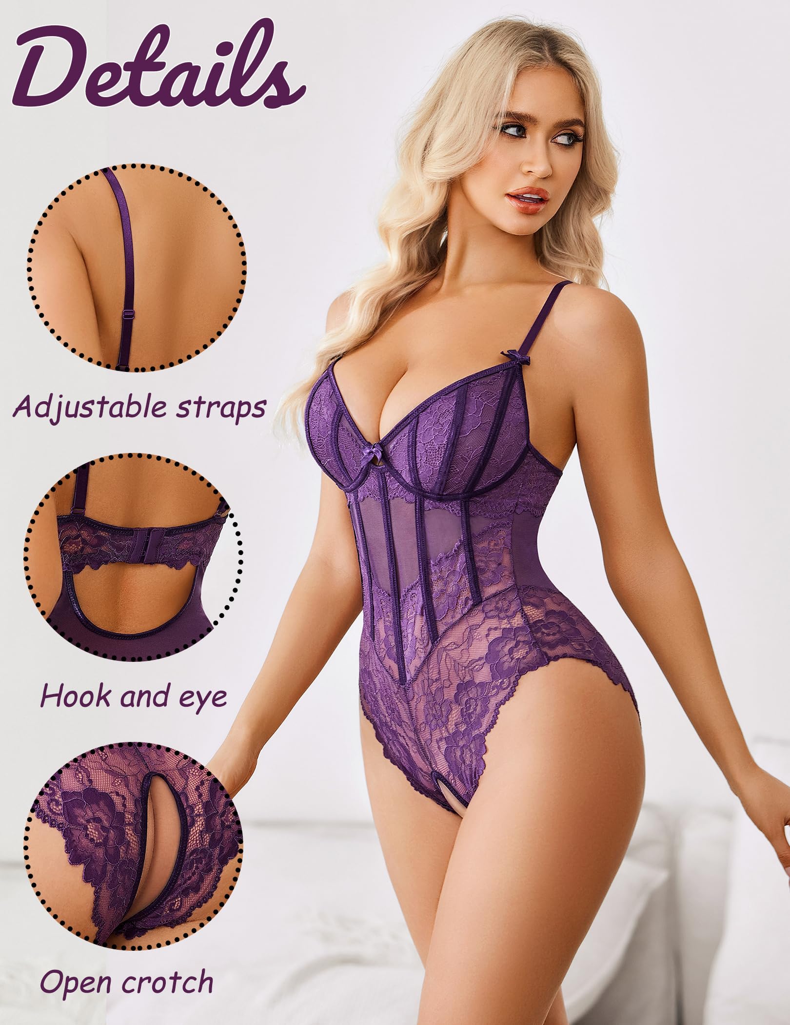 Avidlove Lingerie for Women Lace Bodysuit V Neck Body Suits One Piece Floral Teddy Lingeries Sexy Mesh Top Wireless Babydoll: XX-Large Navy Blue