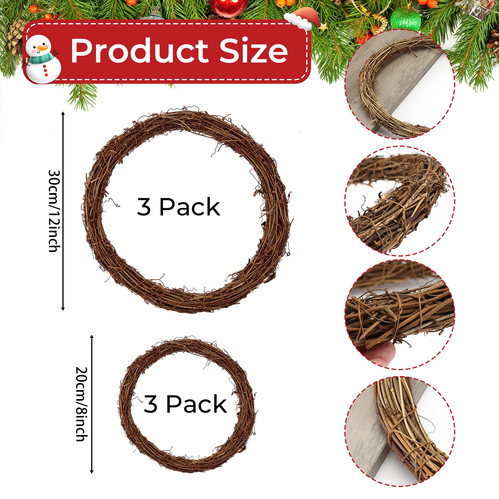 Lot de 3 couronnes de vigne naturelle de 30 cm + 3 couronnes de printemps de 20 cm pour porte d'entrée, couronnes en rotin pour loisirs créatifs, décoration murale de porte d'entrée, Pâques, Noël