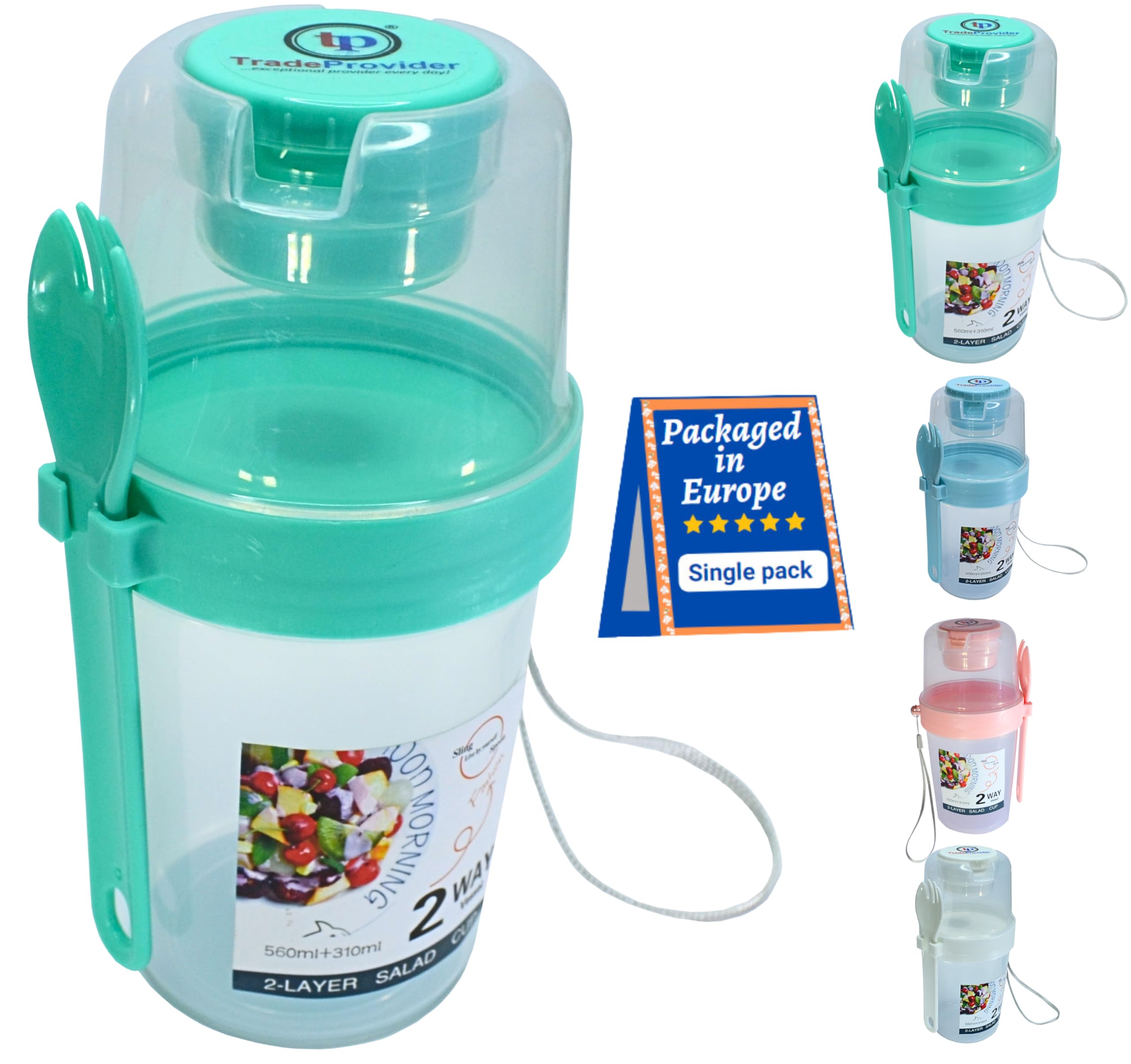 TradeProvider® Reusable Yogurt Cups with Lid Fork Lanyard 560ml/19Oz Clear 3 in 1 Cereal Pot Salad Juice Milk Cup 100% BPA Free Breakfast Bowl (GreenPot)