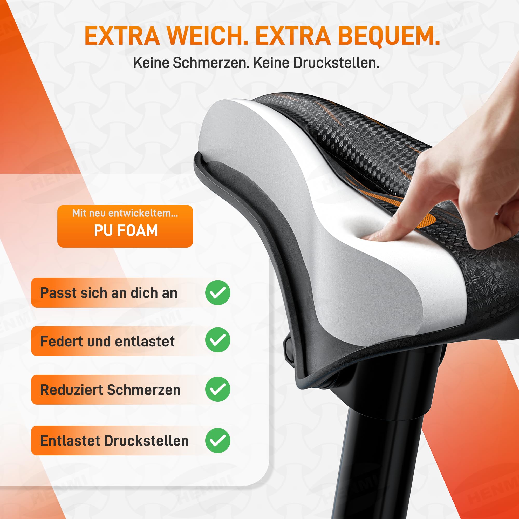 HENMI Selle de vélo pour homme et femme - Douce, confortable, respirante - Absorbe les chocs - Ergonomique - Pour VTT, trekking, vélo électrique
