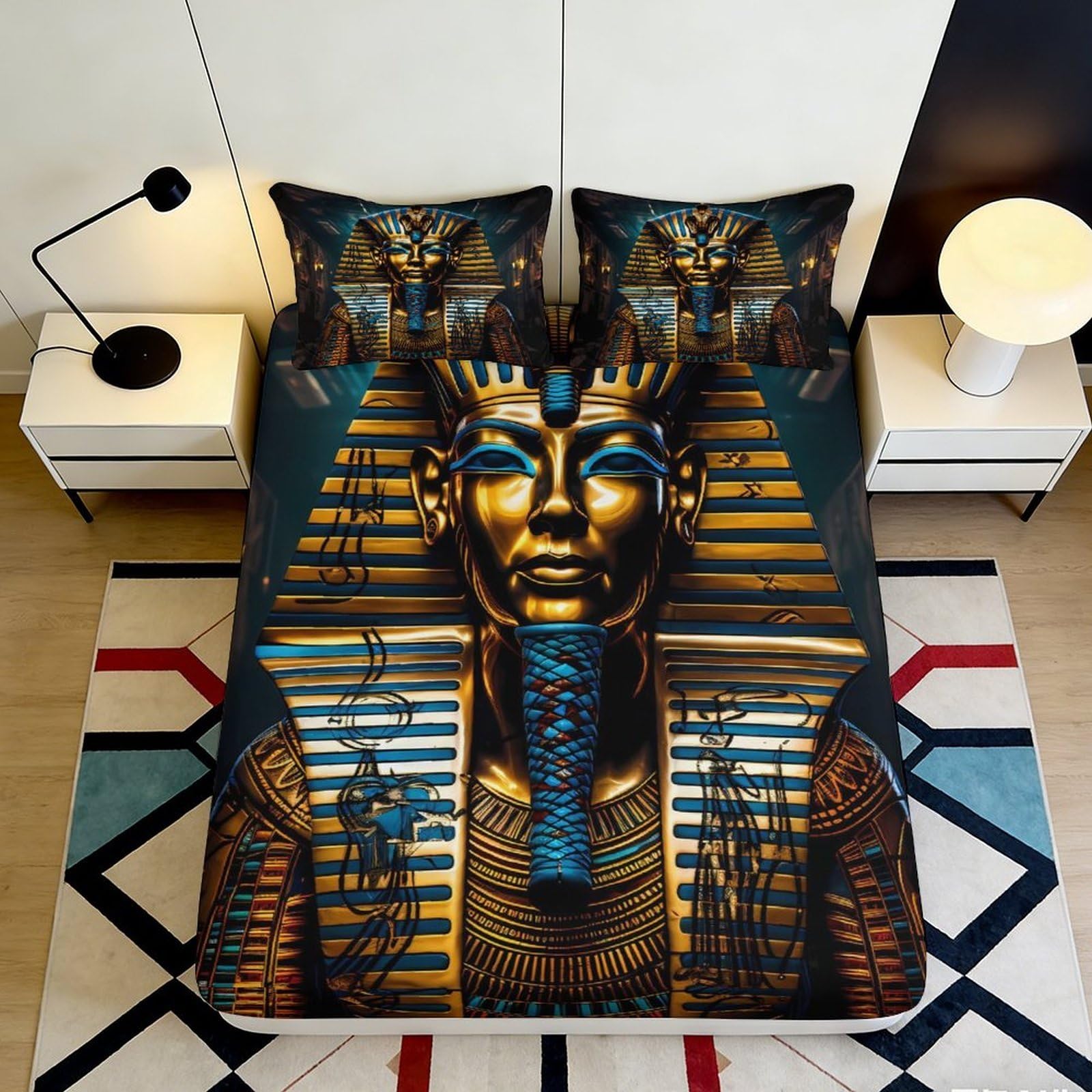 3D Printed Egyptian Pharaoh Fitted Sheet Microfiber Soft Breathable Ancient Egypt Bed Cover for Bedroom Dormitory Guest Room Mattress Protection Decor 140x200x25cm