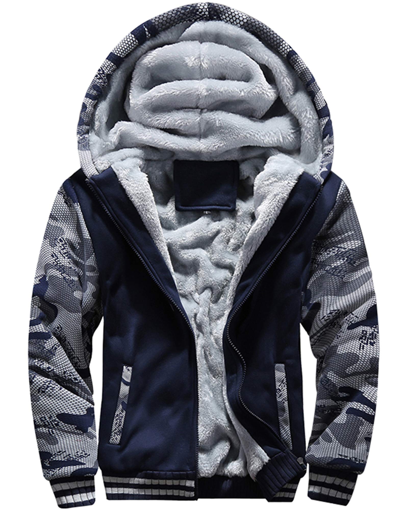 MACHLAB Sudadera con capucha de forro polar para hombre, con cremallera completa, abrigo grueso y cálido de lana, D63azul oscuro, Medium
