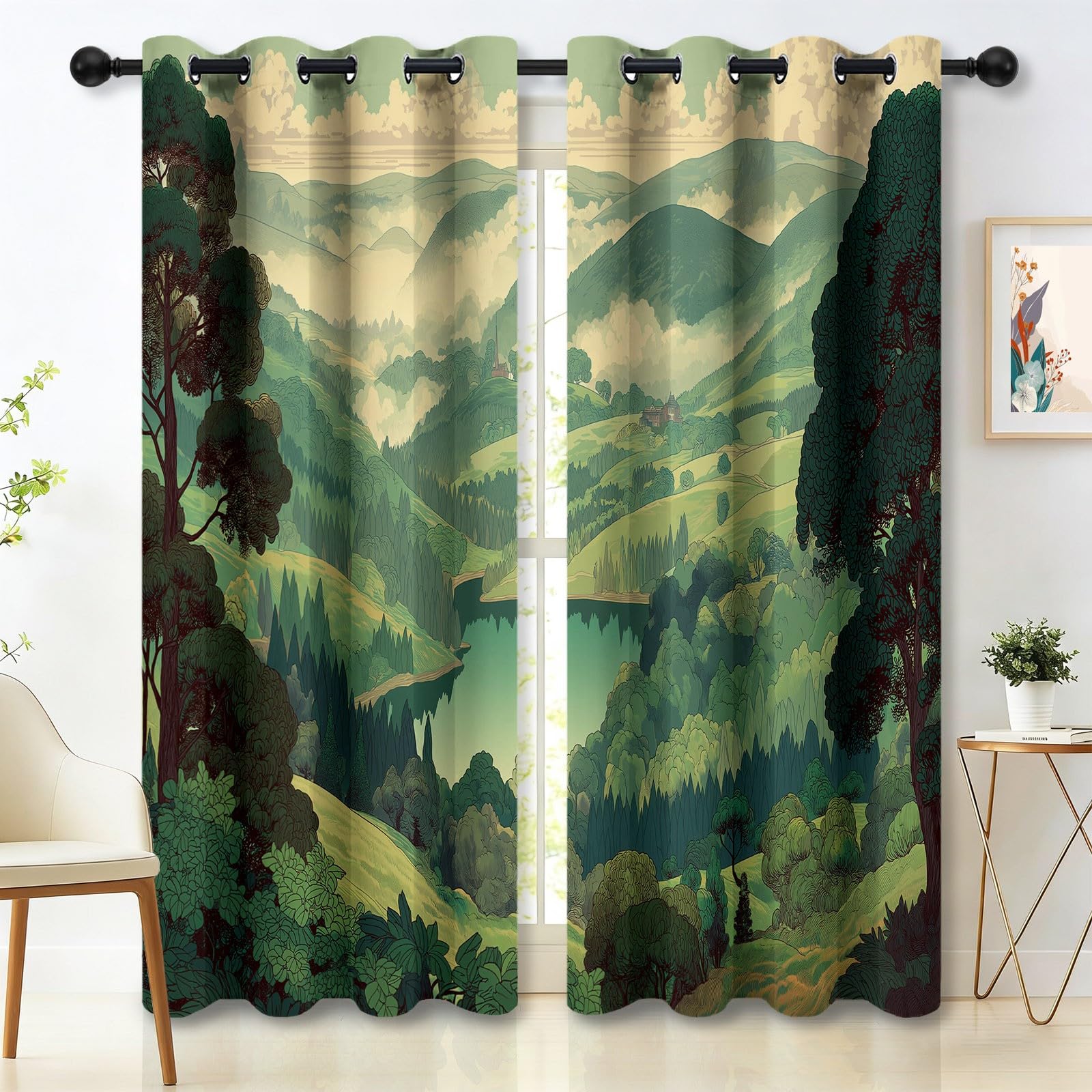 Zasłony zaciemniające 91,5 l x 160H cm (2 panele), styl kreskówkowy leśne wzgórza, draperie zapobiegające nagrzewaniu do pokoju dziecięcego, zielone