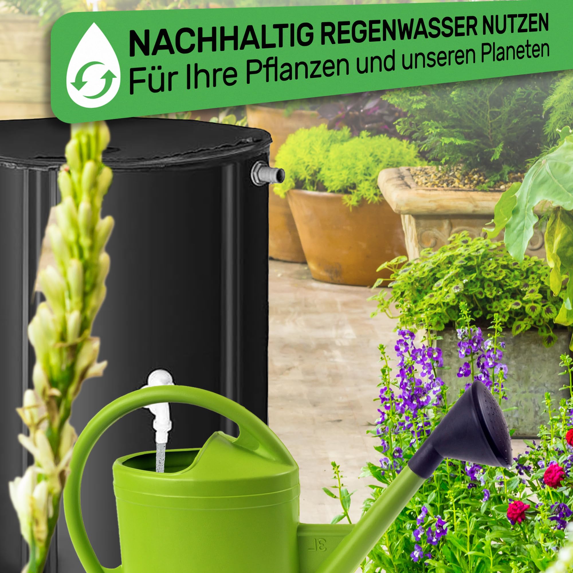 Melko - Regentonne faltbar 1000L mit Auslaufhahn, PVC Stützstangen & 2 m Wasserschlauch - Mobiles Regenfass mit Überlaufschutz & Anschluss - Regenwassertonne witterungsbeständig für Gartenbewässerung