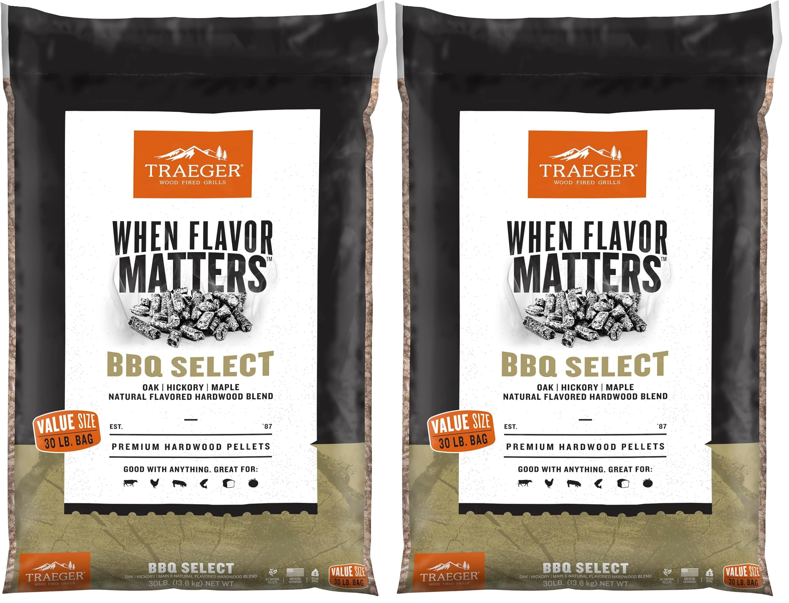 Traeger Grills BBQ Select 100% All-Natural Wood Pellets for Smokers and Pellet Grills, BBQ, Bake, Roast, and Grill, 30 lb. Bag (Pack of 2)