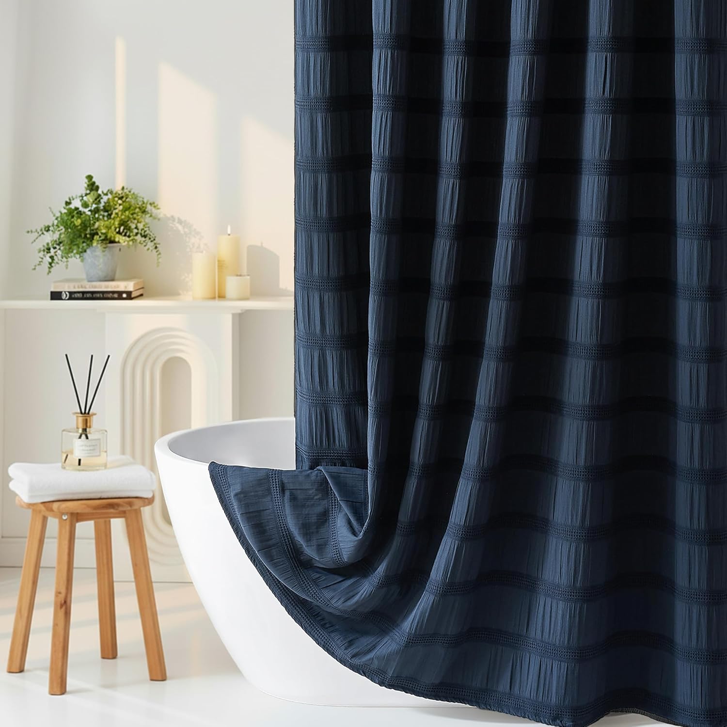 Extra Long Sage Green Shower Curtain Farmhouse,72 x 84 Cotton Blend Waffle Tufted Striped Chic Textured Fabric Shower Curtain for Bathroom, Hotel