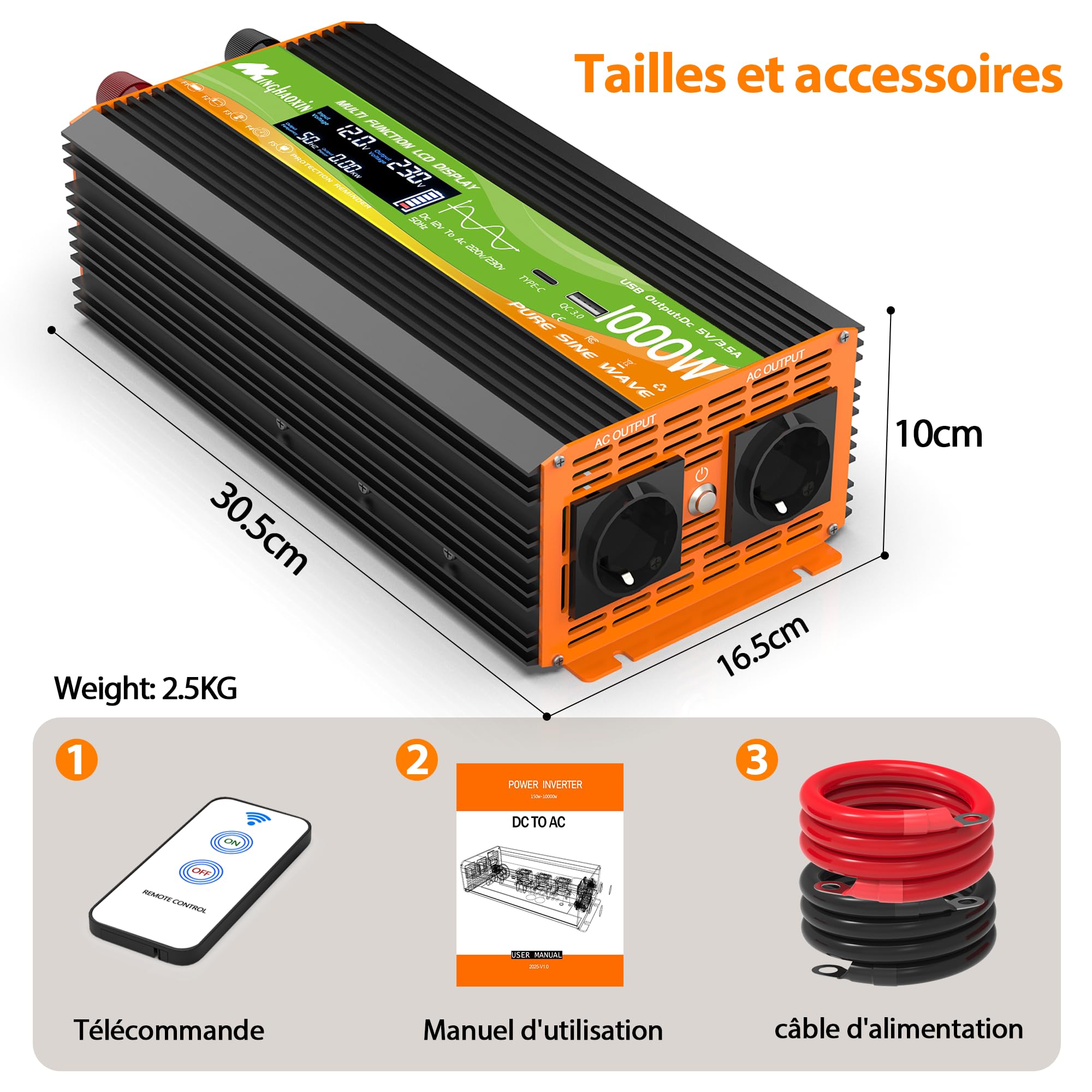 Convertisseur 1000W 12v 220v Pur Sinus Onduleur,Transformateur -2 Prise EU De Courant Alternatif,Ports USB+Type-C,Télécommande sans Fil Et écran LCD,pour énergie Cars, Coupures De Courant, Voyages
