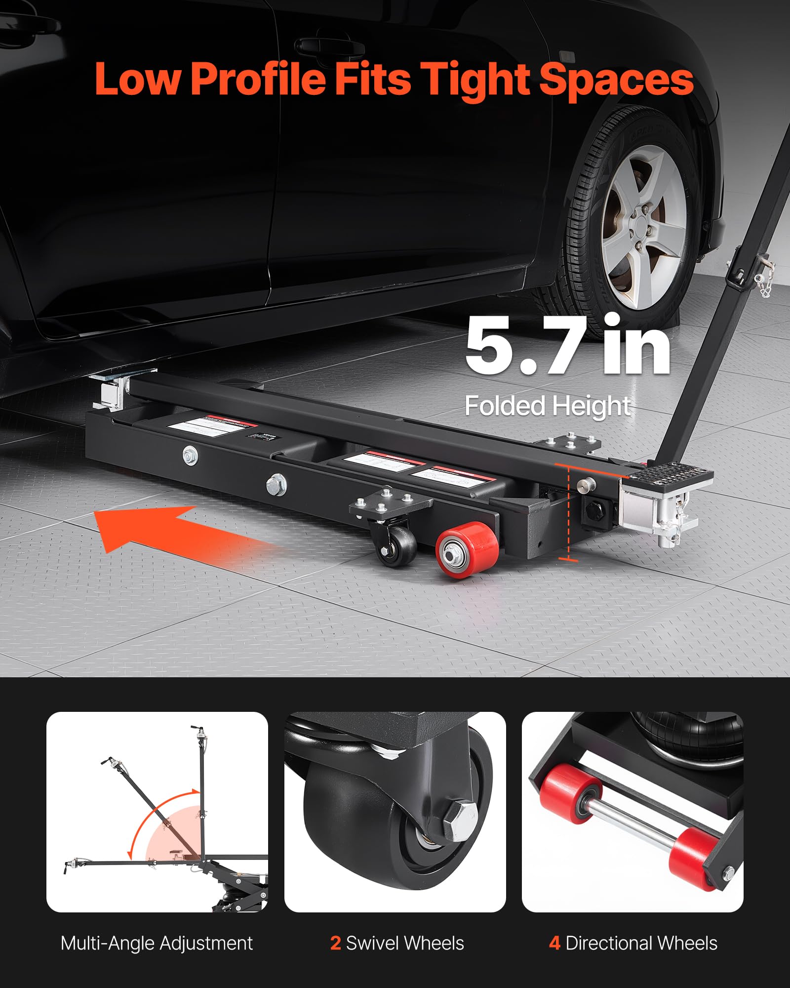 VEVOR Plataforma Elevadora Neumática Portátil, Capacidad de Elevación de 3 Toneladas, Altura Máxima de Elevación de 55 cm, con Airbag, Pies de Apoyo, Calzos para Ruedas y Almohadillas de Goma