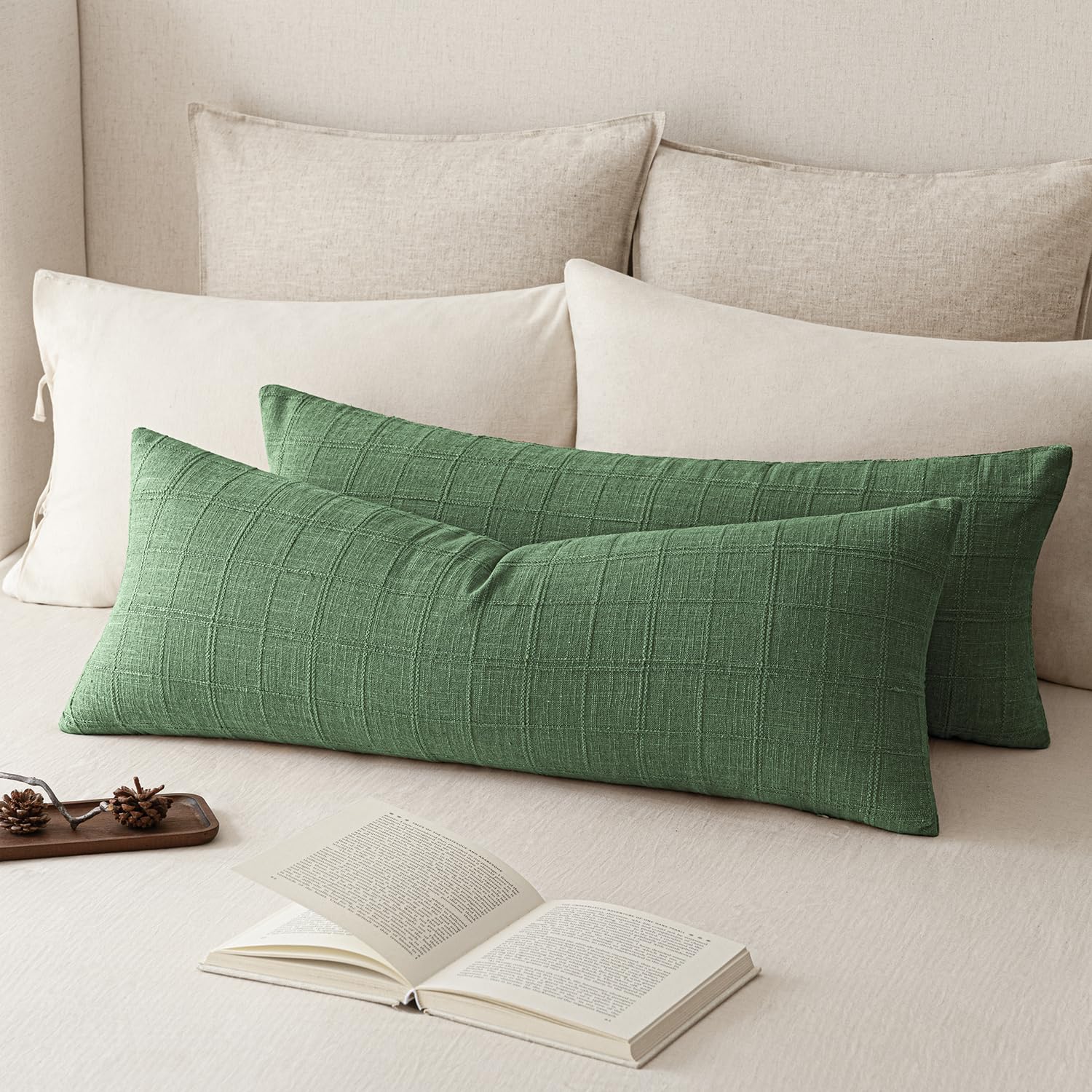 Foindtower Long Linen Check Lumbar Throw Pillow Cover 14×36 Cream White